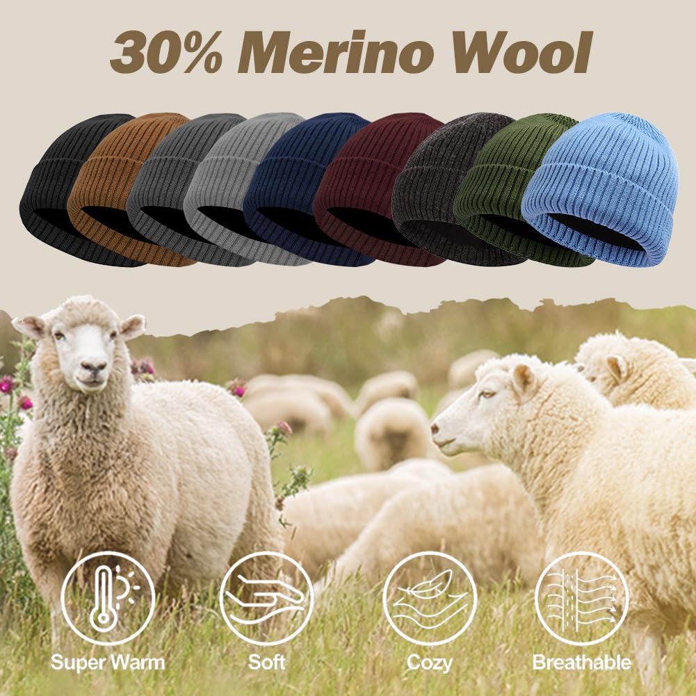 Oversized XL XXL Unisex Merino Wool Beanie with Fleece Lining Cold Weather Winter Hat Big Head Black