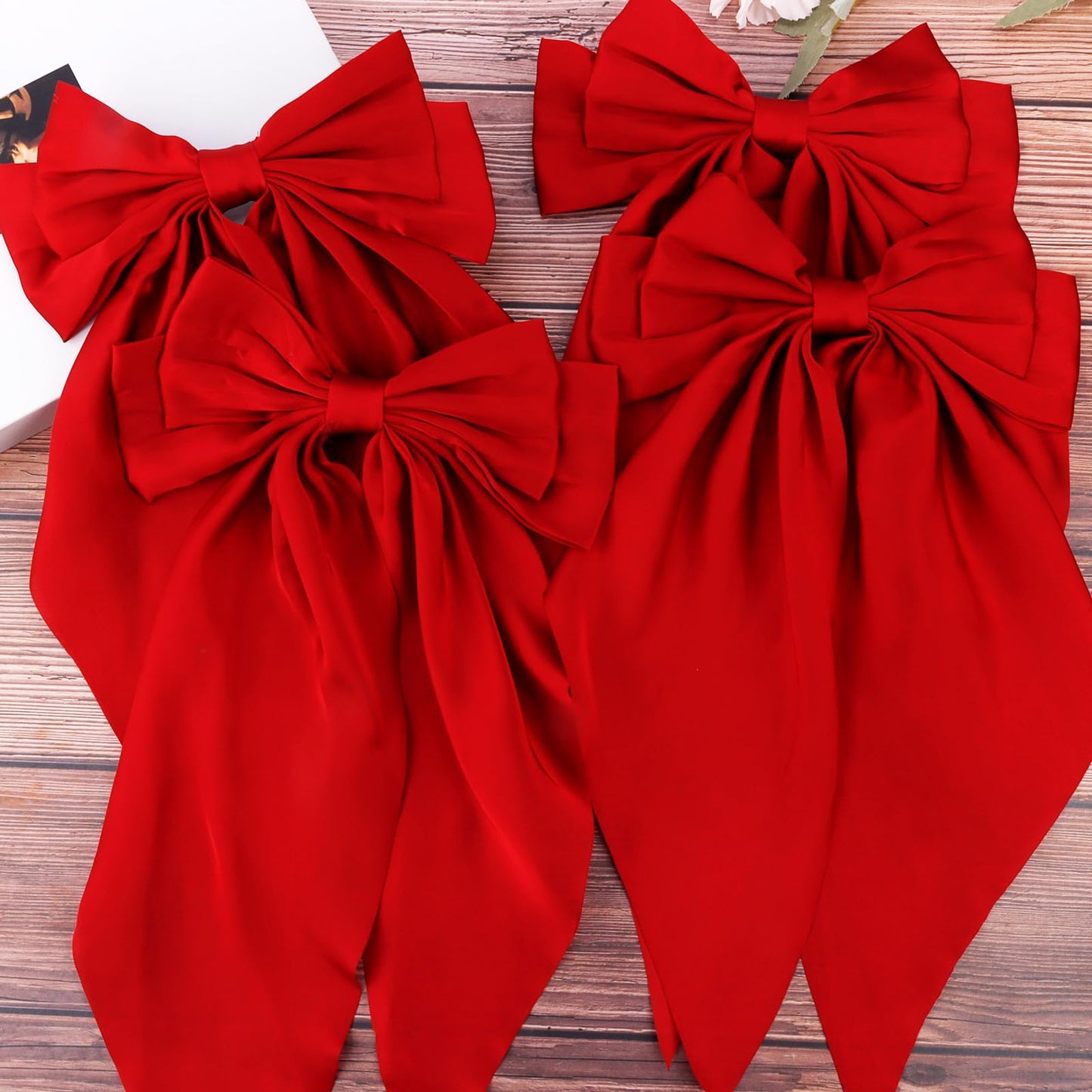 Velscrun Wine Red Hair Bows for Women Girls, Silky Satin Large Coquette Bow, Oversized Hair Ribbons 4Pcs Big Bows Clip Long Tail Bowknot Hair Barrettes Christmas Bow Accessories