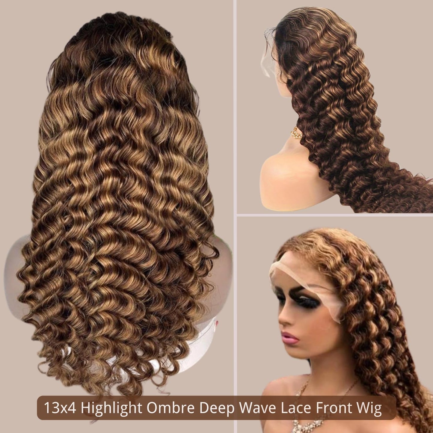 AAKJJ 4/27 Deep Wave Human Hair Wig, Highlight Ombre Color, 13x4 HD Transparent Lace Front Wig, 200 Density, Pre-Plucked Hairline with Baby Hair, Glueless, for Women 30 Inch