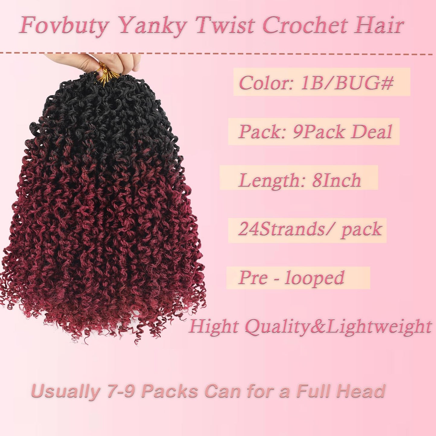 9Packs Pre Twisted Crochet Yanky Twist 8 Inch Ombre Black to Red Bohemian Passion Twist Crochet Braiding Hair for Women Spring Twist Synthetic Hair Short Havana Twist Hair Extensions 1B/Bug#