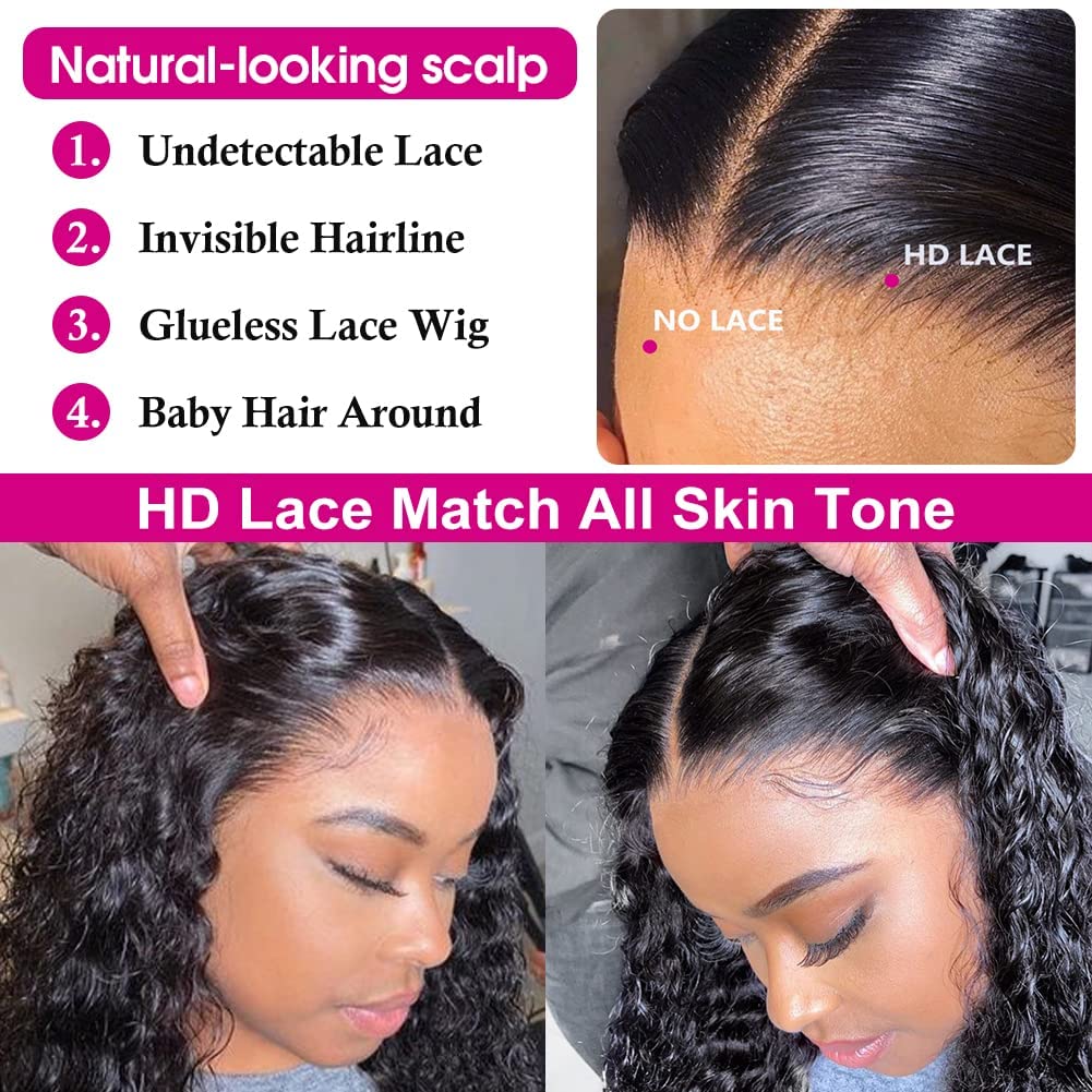 Pizazz 220% Density Glueless Deep Wave Human Hair Wigs for Black Women 13x4 HD Transparent Lace Front Wigs Human Hair With Baby Hair Natural Hairline Natural Color(24 Inch)