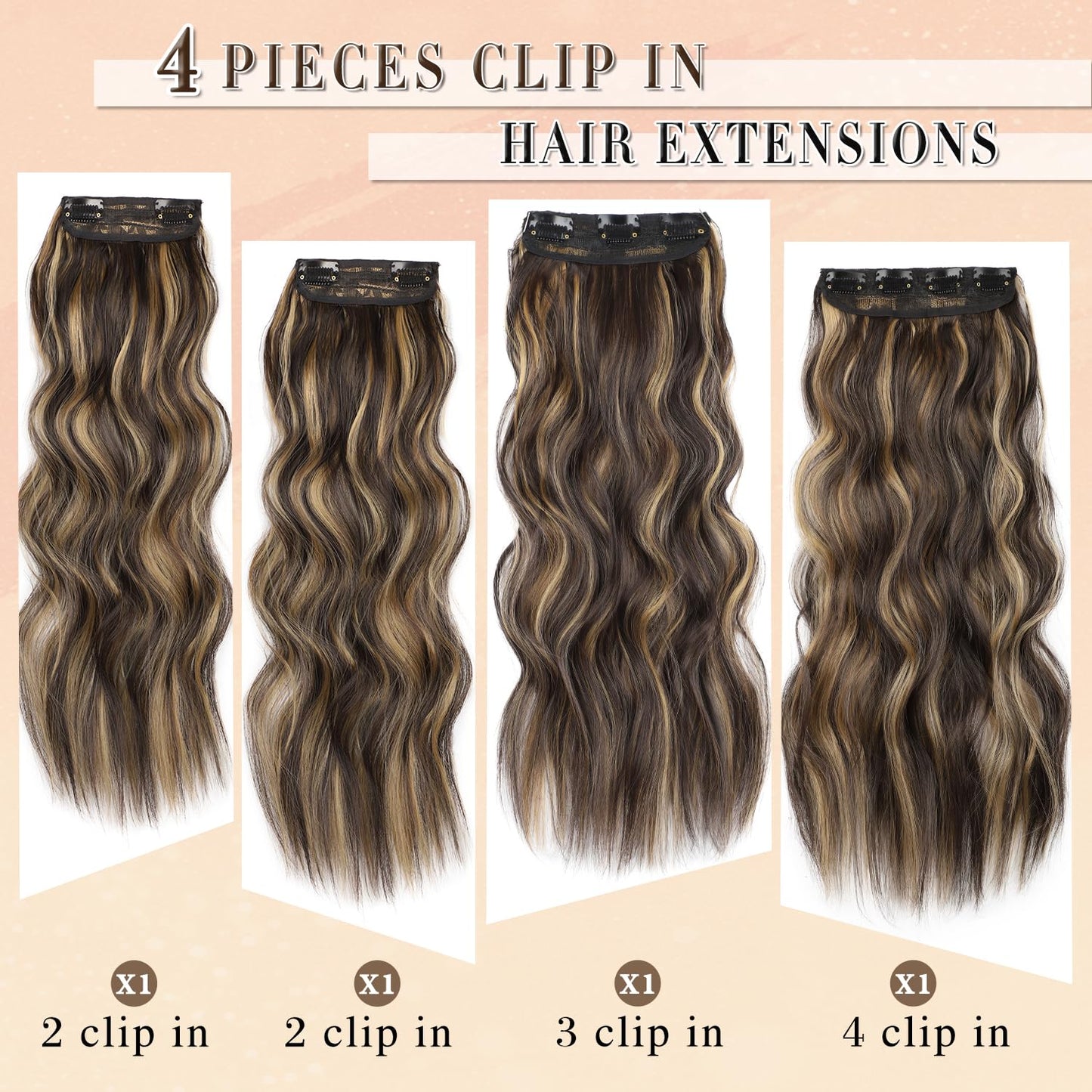 FREEMEIGE Clip in Long Wavy Synthetic Hair Extension 20 Inch Balayage Dark Brown to Chestnut 4PCS Thick Hairpieces Fiber Double Weft Hair for Women