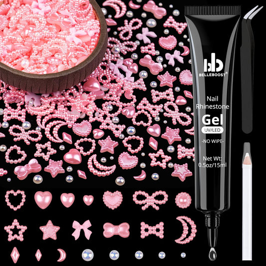 600Pcs 3D Multi Shapes Nail Charms and Flatback Pearls, Pink&White Mix Styles Heart Star Bow Sunflower Embellishments for Nail Art, Craft and Decoration with Glue Gel, Tweezer and Pickup Pencil