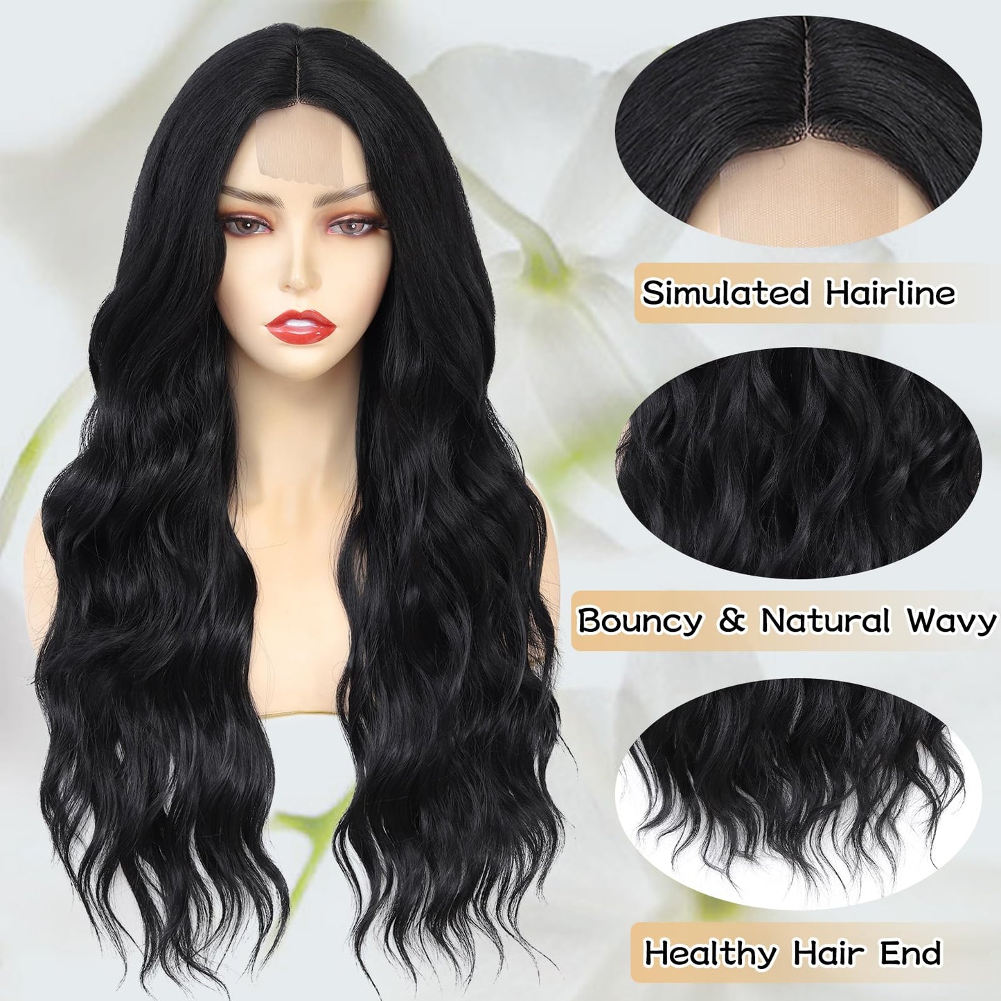 NAYOO Long Wavy Wigs for Women Black Middle Part Wig Synthetic Heat Resistant Fiber Women Wigs for Daily Party Use 26 Inch (Black)