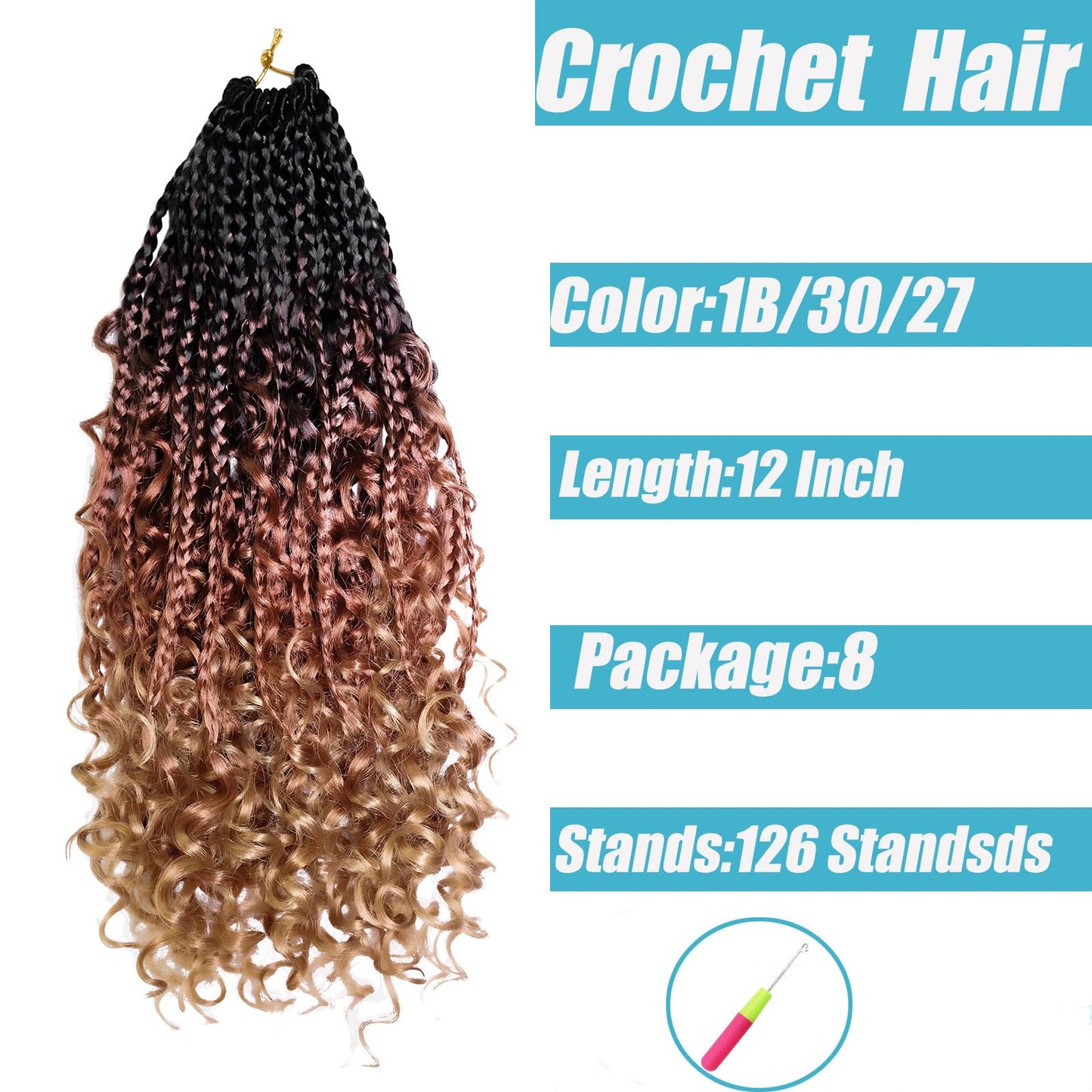 Goddess Box Braids Crochet Hair With Curly Ends 8 Packs-12 Inch Crochet Hair for Black Women Bohomian Crochet Box Braids (1b/30/27, 12inch)
