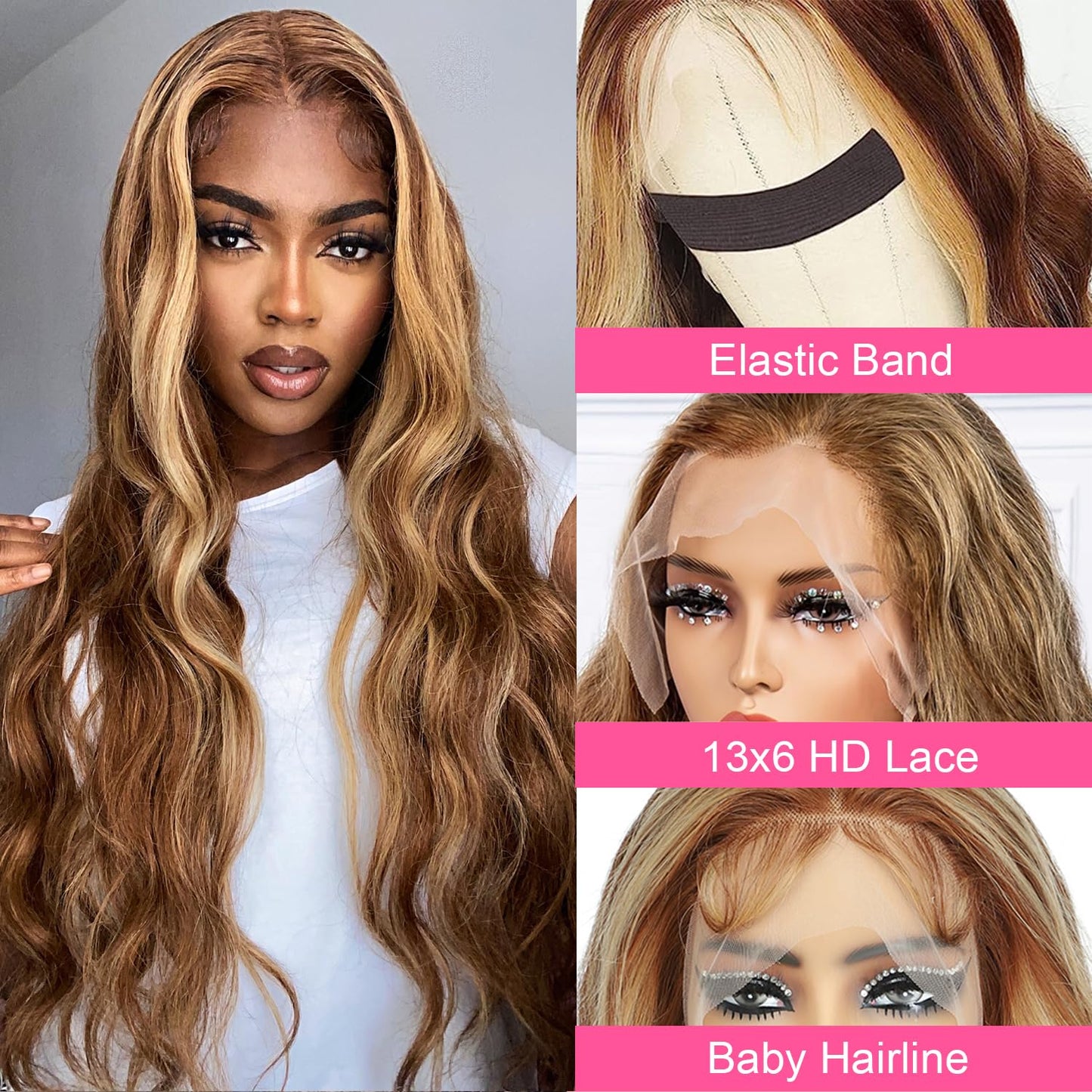 28 Inch Highlight Lace Front Wig Human Hair Ombre Lace Front Wig Human Hair Wigs for Women 13x6 Body Wave Lace Front Wigs Human Hair Honey Blonde HD Lace Front Wig Human Hair with Baby Hairline