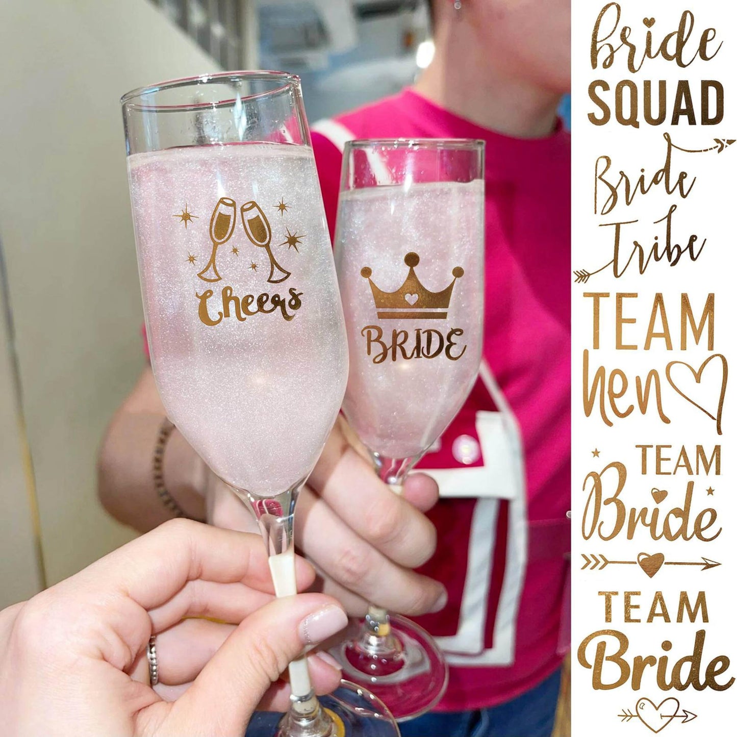 16 PCS Wedding Cheers Bachelorette Temporary Tattoos For Women Men Adults, Flash Glitter Gold Metallic Tattoos Girls Bachelor Party Favor Supplies Decoration, Bulk Bridesmaid Team Bride Tribe Love