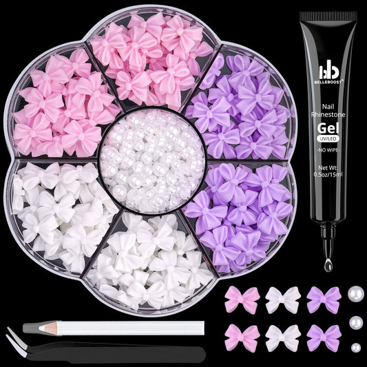 120 Pcs 3D Bow Charms + 2-4mm Nail Pearls - Pink White Lilac Bows & White Flatback Pearls with Glue Gel (UV Needed) & Pickup Tools