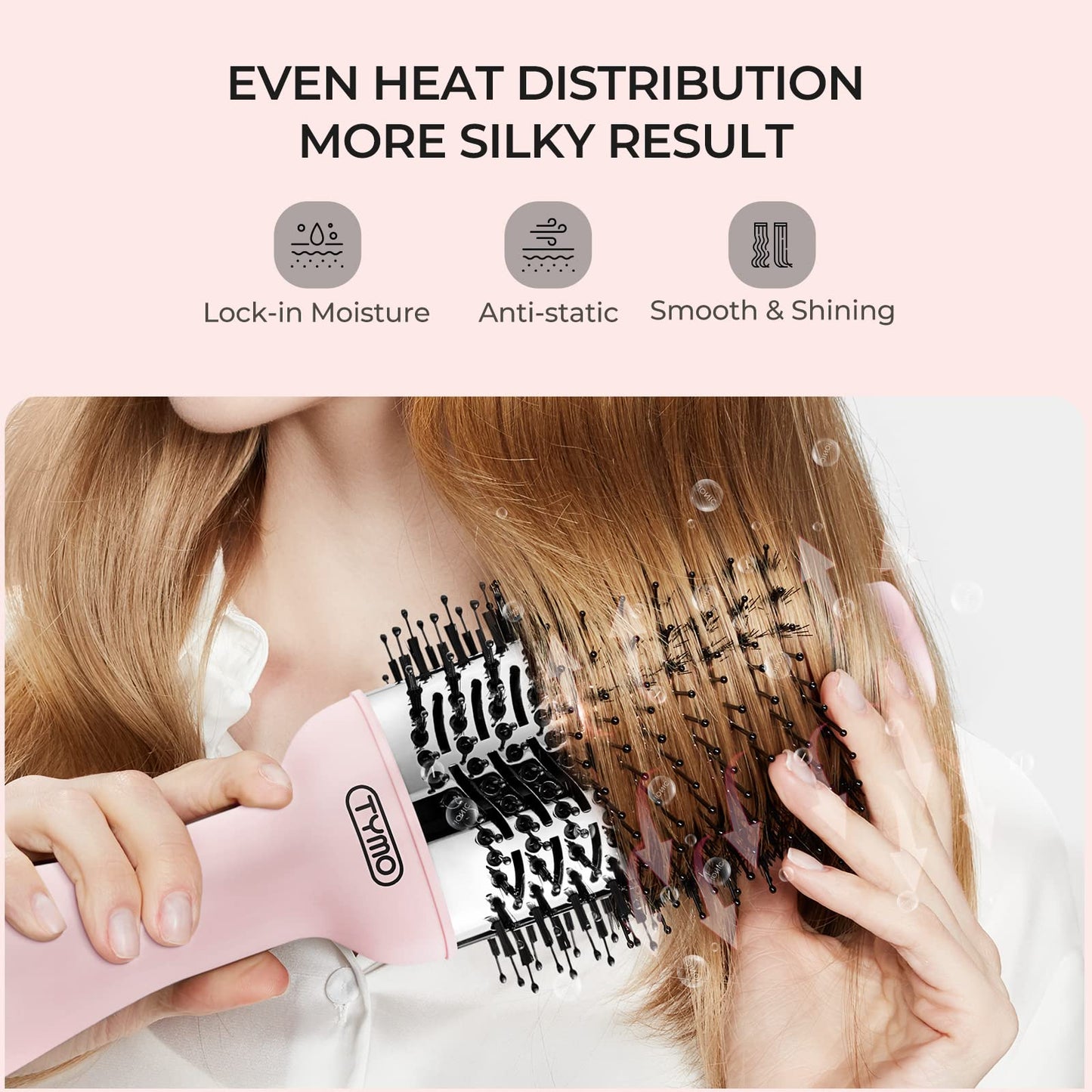 TYMO Pink Volumizer Hair Dryer Brush with Titanium Barrel, 1200W, 3 Speeds, Nylon Bristles, Ionic Technology, Salon Long-lasting Hairstyles, Hot Air Brush for Women, Designed for 120V USA Outlets