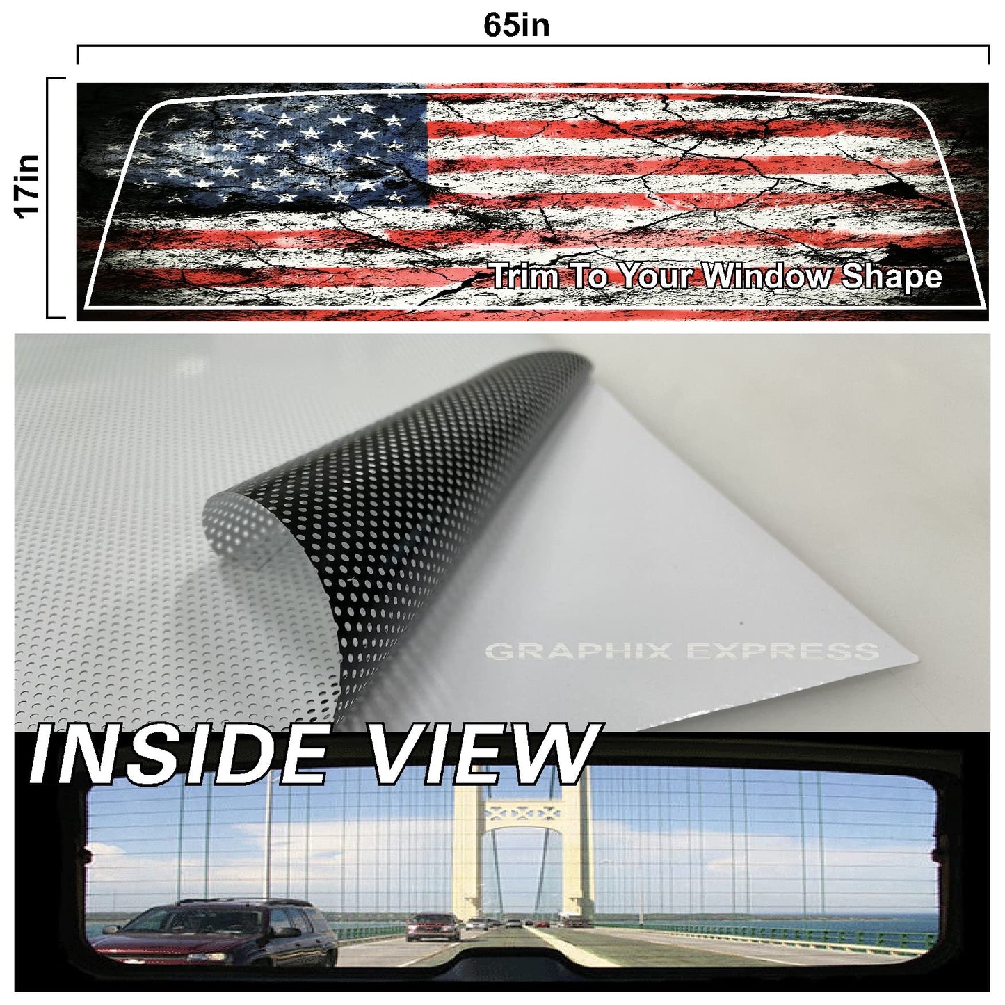 GRAPHIX EXPRESS American Flag Decal, Patriotic Red, White, Blue Vinyl Sticker for Truck Rear Window, Universal See-Through Design, Full Window Coverage, Weatherproof