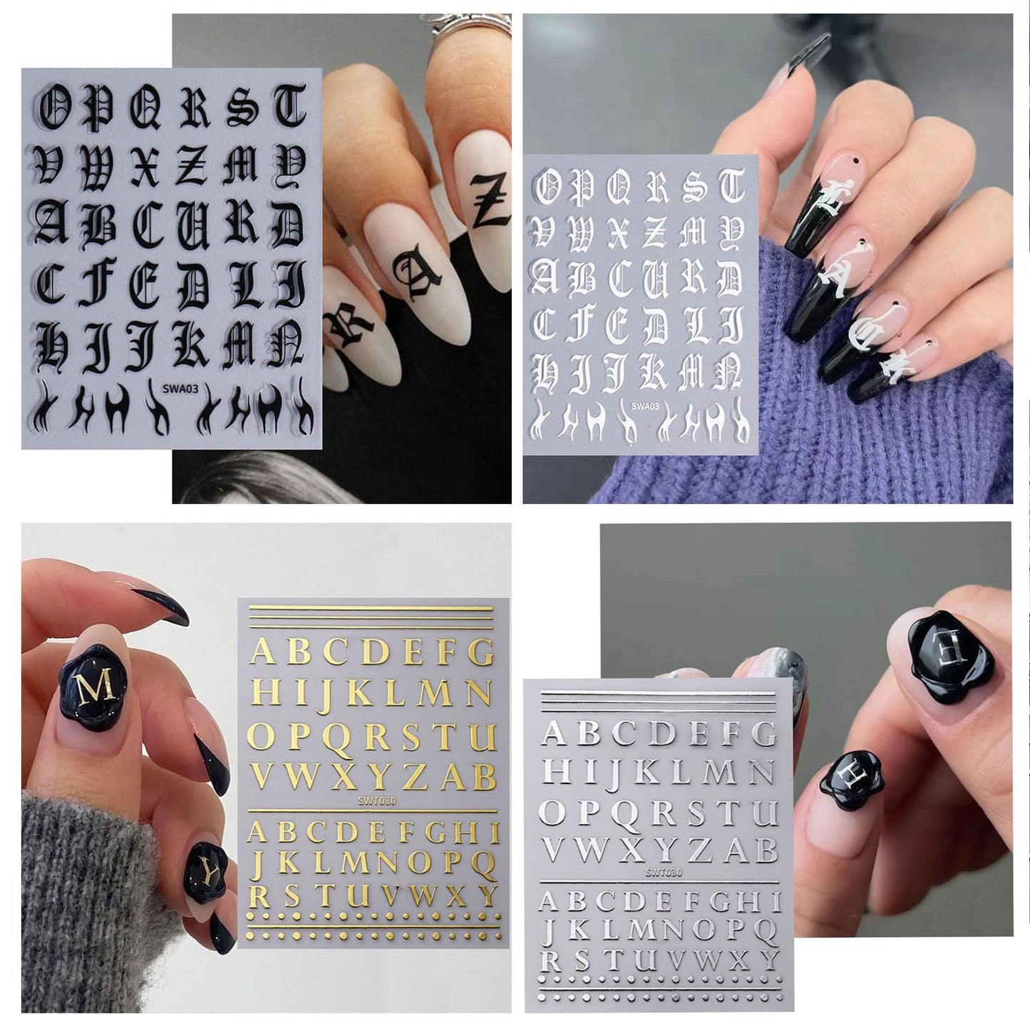 8 Sheets Letters Nail Stickers Decals Alphabet Numbers Nail Decals for Nail Art 3D Self-Adhesive Metallic Black Silver Gold Nail Art Stickers Supplies for Women Girls Nail Decoration Manicure