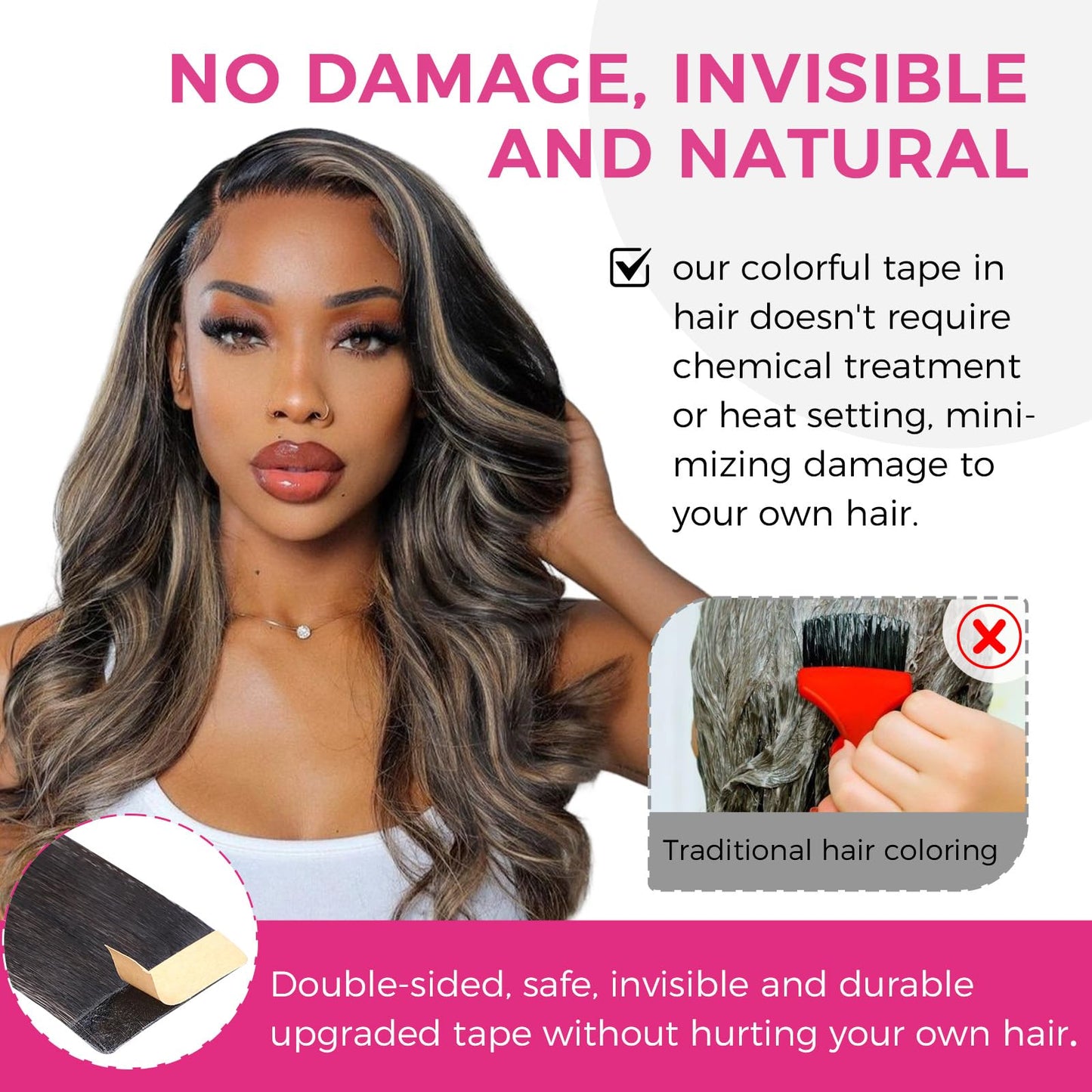Lashey Tape in Hair Extensions 25g 10pcs 16 Inch Straight Balayage Natural Black to Light Blonde Highlighted Hair Extensions Tape in Hair for Women