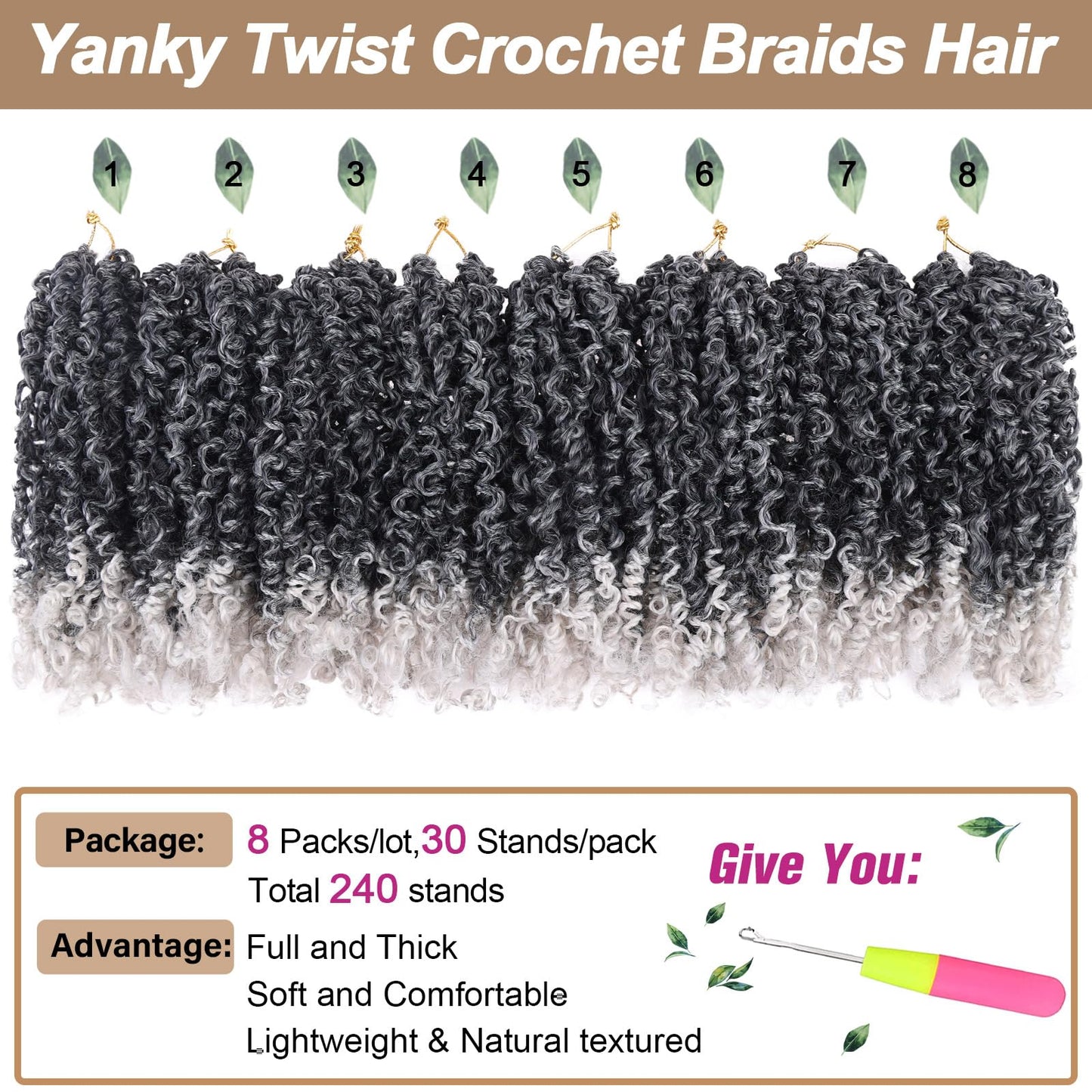 COOKOO 8 Inch Bouncy Yanky Twist Crochet Hair - 8 Packs Ombre Grey Passion Twist Braids for Women - Pre-Twisted Synthetic Hair Extensions