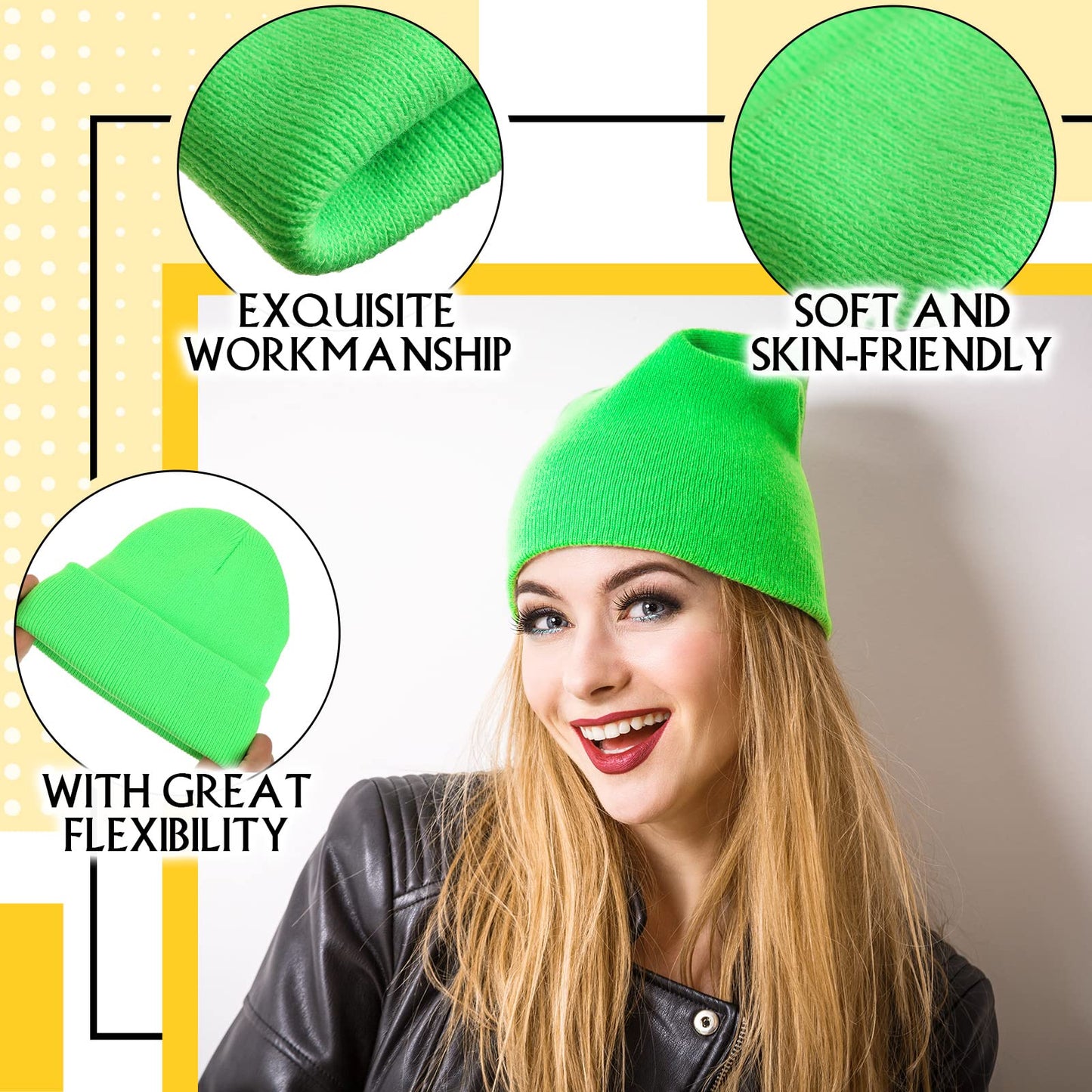 Neon Beanie Hat Slouchy Beanie Cap Unisex Knitted Winter Hat Ski Plain Beanie Cap for Men and Women (4 Pieces)