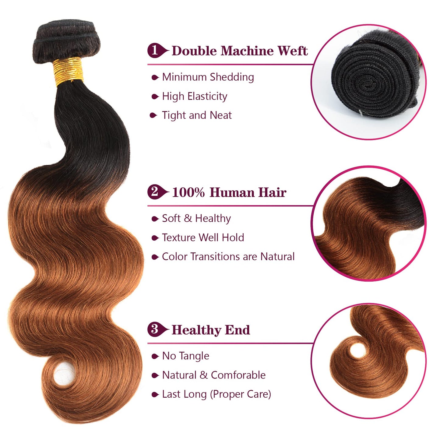 Ombre Human Hair 3 Bundles With 4x4 Lace Closure 1B/30 Two-tone Ombre Brown Body Wave Bundles with Closure Brazilian Virgin Human Hair Extensions For Women (T1B/30,12 14 16 +10)