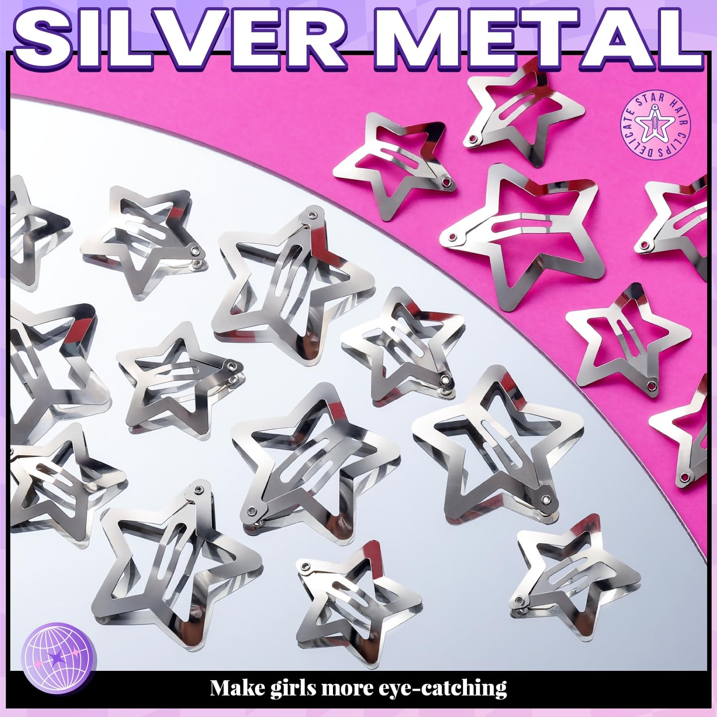 YGDZ Star Hair Clips and Barrettes Set - 20 pcs 1.22" Y2K Hair Accessories, 10 pcs 1.61" Silver Clips for Girls Women, Rave Accessories, Non-Slip Metal Snap Hair Clips