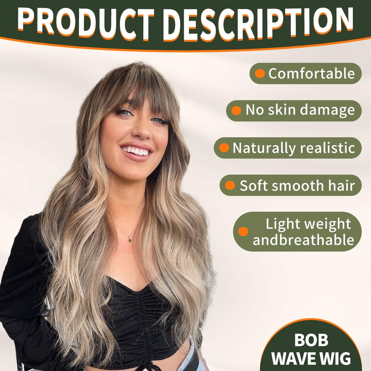 KOME Ombre Ash Blonde Wigs with Bangs,Grey Blonde Long Wavy Wig for Women,Long Curly Synthetic Hair Wig for Party Daily Use 26IN