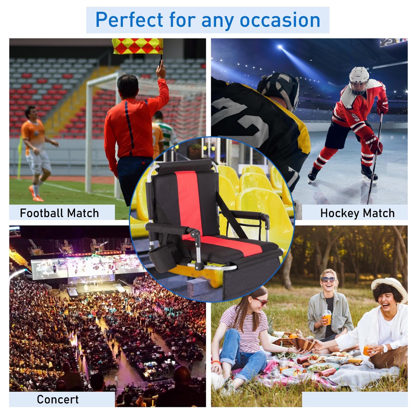 GREEN PARTY Stadium Seat for Bleachers Portable Outdoor Floor Folding Stadium Chair with Armrest, Back Support, Cup Holder, Mesh Bag and Hide Hooks, Black Red