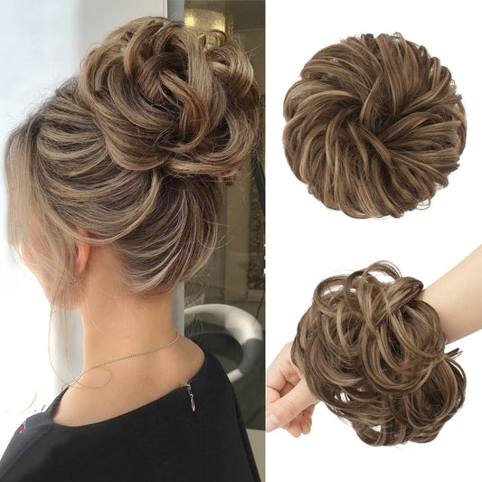 FESHFEN Messy Bun Hair Piece - Large Wavy Curly Elastic Hair Bun Scrunchies Ponytail Extensions Synthetic Chignon Hairpieces for Women, Light Ash Brown Mixed Golden Brown 1.94oz