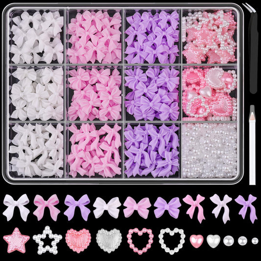 600 Pcs 3D Nail Charms and Flatback Pearls Set 10, Pink&White&Lilac Nail Bows + Pink&White Star Heart Cute Nail Jewels + 2-4mm White Nail Pearls for Nail Art DIY Decoration with Pickup Tools