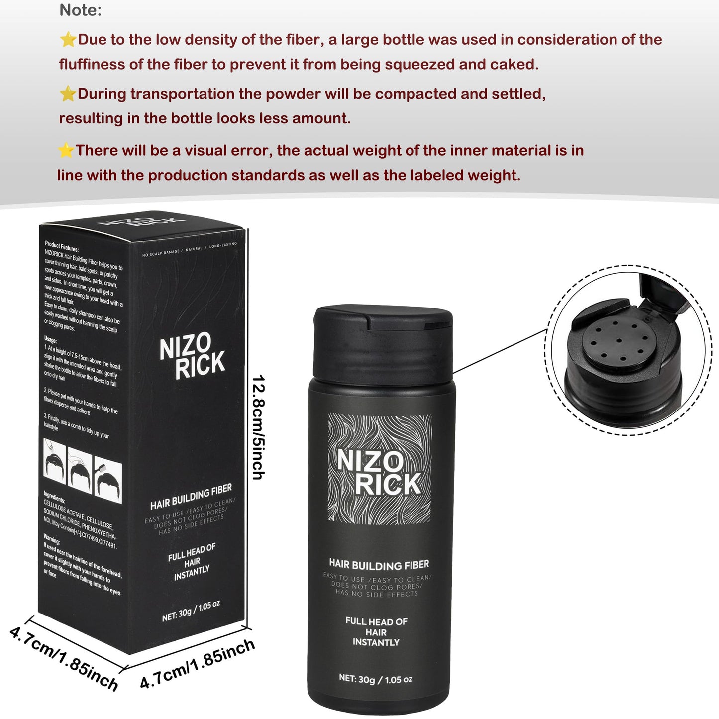 NIZORICK Hair Fibers for Thinning Hair,Hair Building Fibers Instantly Thicker & Fuller Look,Conceals Hair Loss Fill In Fine Hair Powder for Women and Men(30g/1.05oz) (New Black)