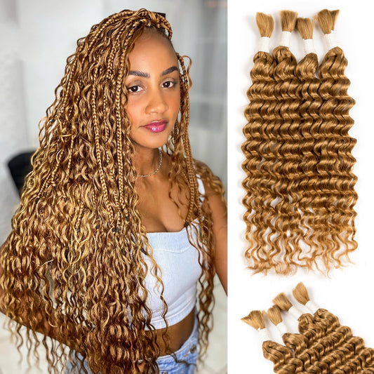 28 Inch Human Braiding Hair Deep Water Wave 4 Bundles/Pack 100g, Bulk Human Hair Braiding Hair for Boho Braids Honey Blonde, Curly Wet and Wavy Braiding Boho Human Hair for Braiding No Weft