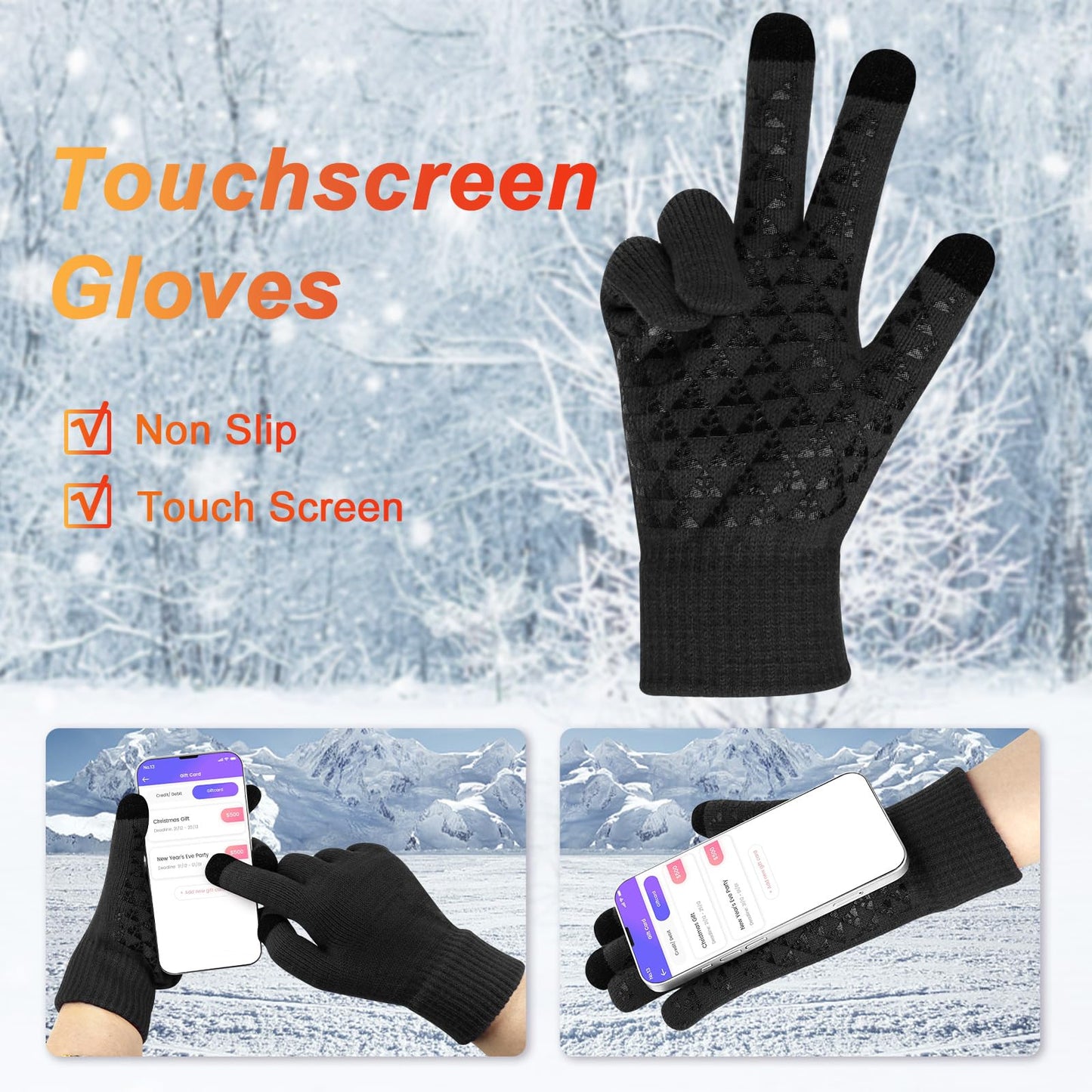 3-Pieces Winter Beanie Hat Scarf and Touch Screen Gloves Set Warm Knit Skull Cap for Men Women, Black(Hat Scarf Gloves)