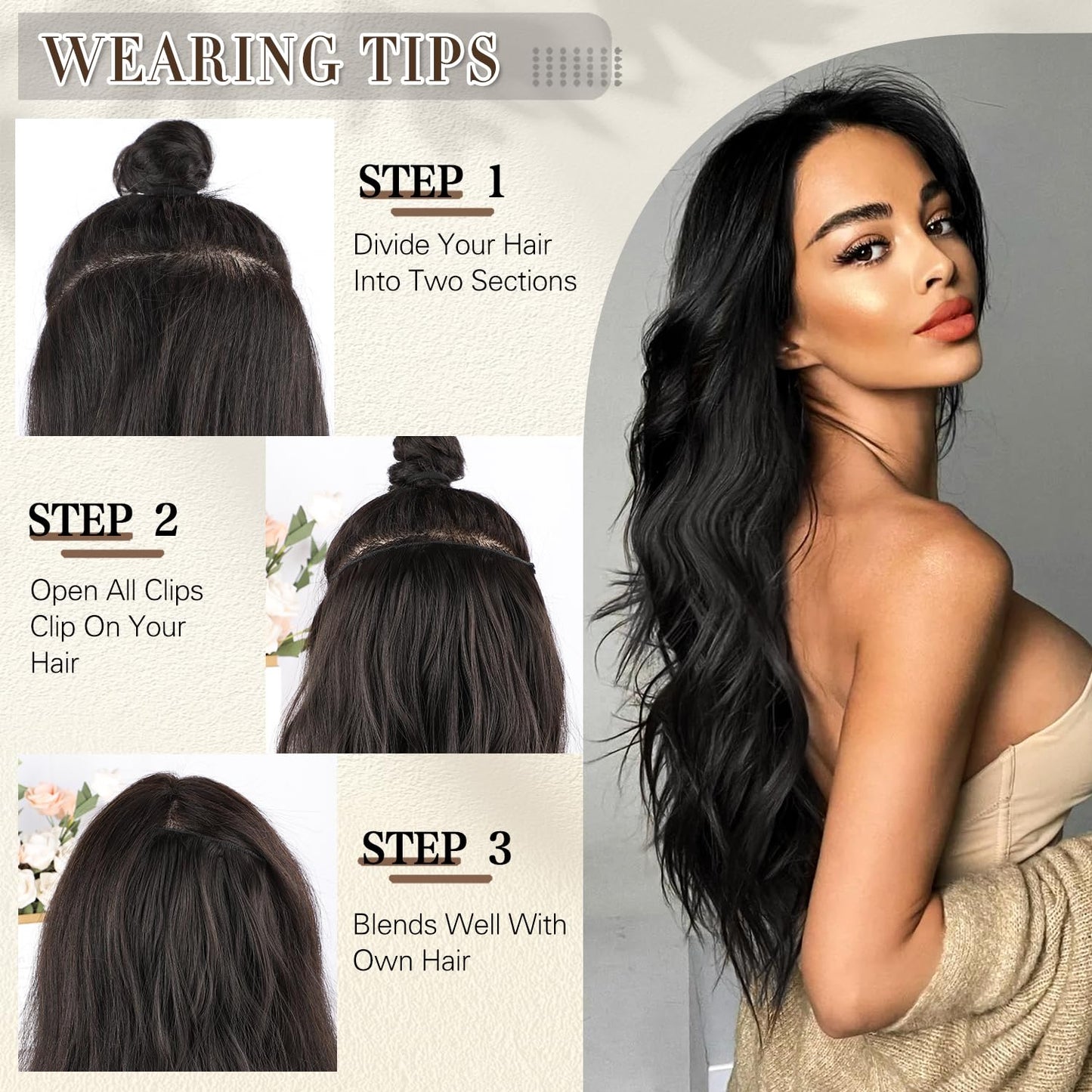 FREEMEIGE Clip in Synthetic Hair Extensions - Long Wavy 4PCS Thick Hairpieces Fiber Double Weft Natural Hair Extensions - 20 Inch for Women