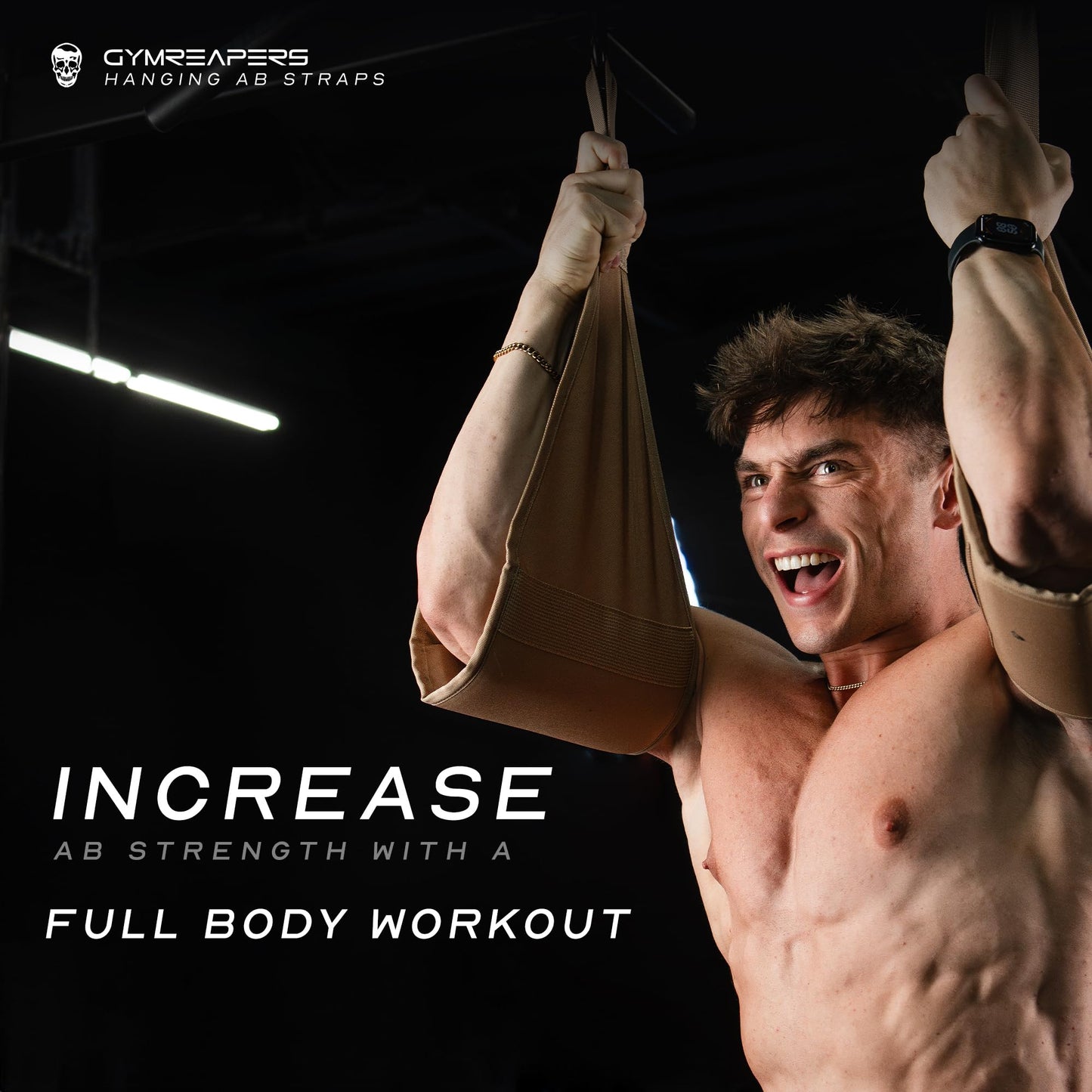 Gymreapers Hanging Ab Straps For Core Strength and Abdominal Training - Padded Adjustable Arm Supports For Bodyweight Exercises (Tan)