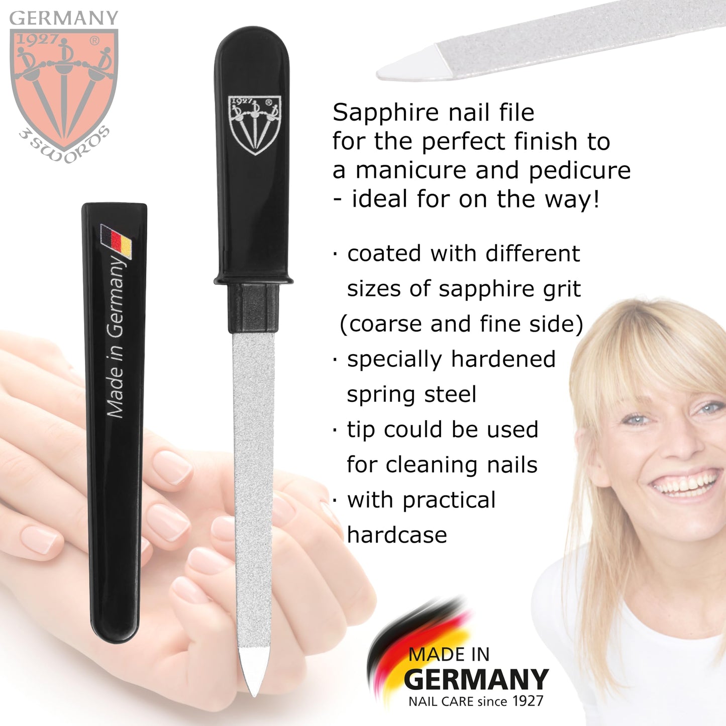 3 Swords Germany - Brand Quality Double Sided (fine & coarse) Sapphire Metal Pocket Nail File (1 Piece), Made in Solingen Germany