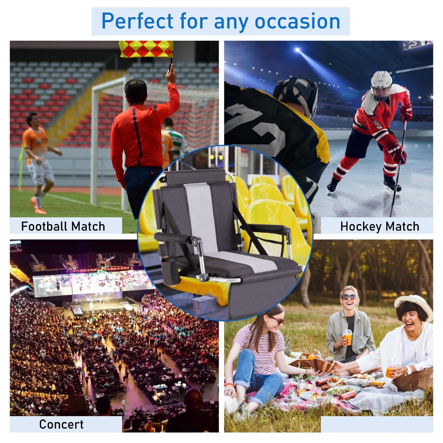 GREEN PARTY Stadium Seats for Bleachers 2 Pack Portable Outdoor Floor Folding Stadium Chair with Armrest, Back Support, Cup Holder, Mesh Bag and Hide Hooks