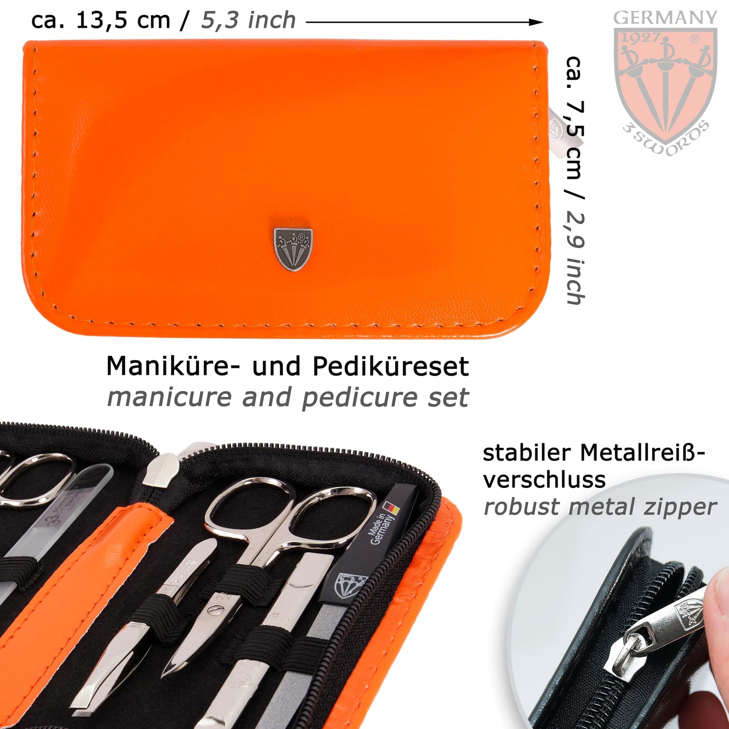 3 Swords Germany - brand quality 8 piece manicure pedicure grooming kit set synthetic leather case orange - Made in Germany