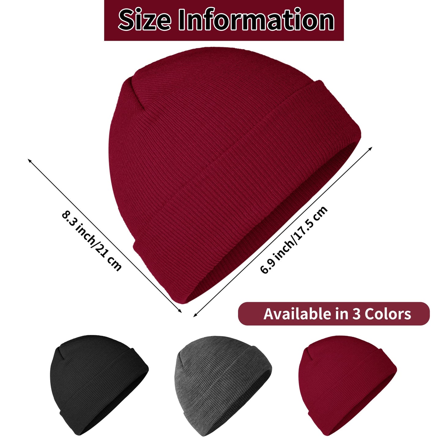 Cooraby 3 Pack Unisex Winter Skull Cap Beanies Knitted Cuff Hats Caps Roll-up Edge Beanie Hats for Men Women Outdoors