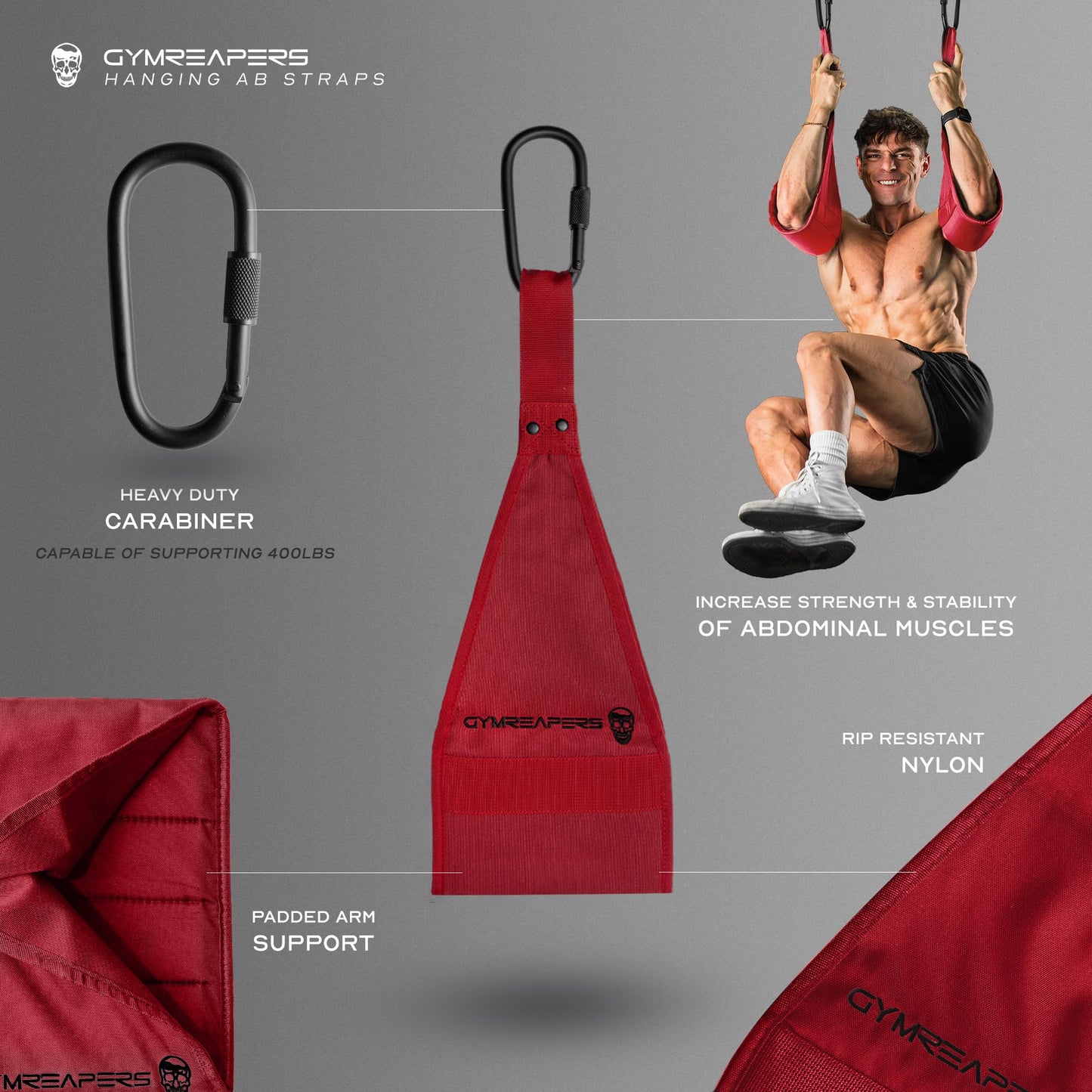 Gymreapers Hanging Ab Straps For Core Strength and Abdominal Training - Padded Adjustable Arm Supports For Bodyweight Exercises (Red)