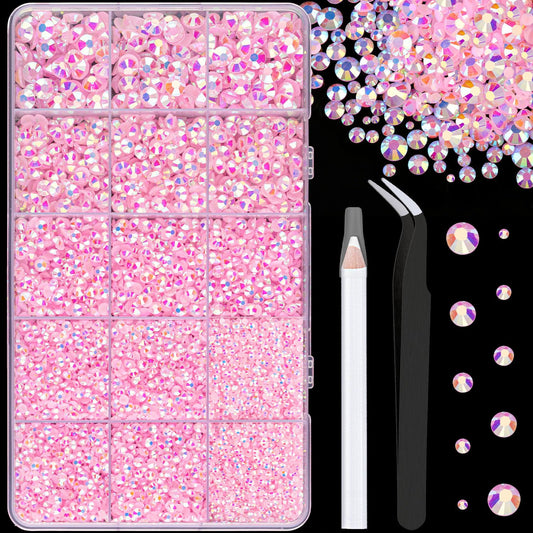 16000Pcs Resin Jelly Rhinestones with Tweezers for Crafting, Light Pink AB 2-6mm Mixed Sizes Flatback Gems, Bedazzling Crystal for DIY Crafts Clothing Tumblers Mugs Shoes Fabric Nail Art