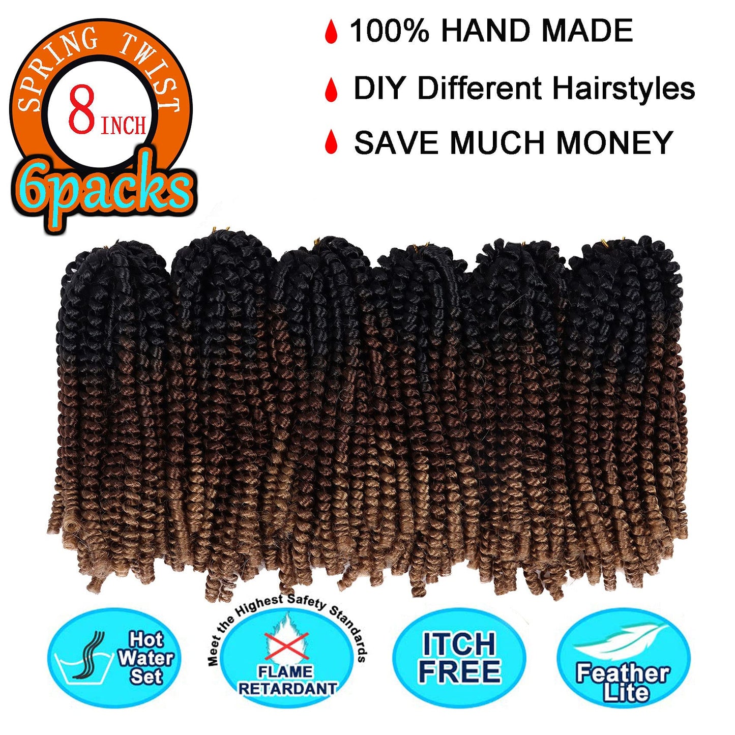 6 Packs Spring Twist Braiding Hair Bomb Twist Hair Synthetic Fiber Fluffy Twist Crochet Braids Low Temperature Hair for Women Braiding Hair(8inch,T1B/30/27)