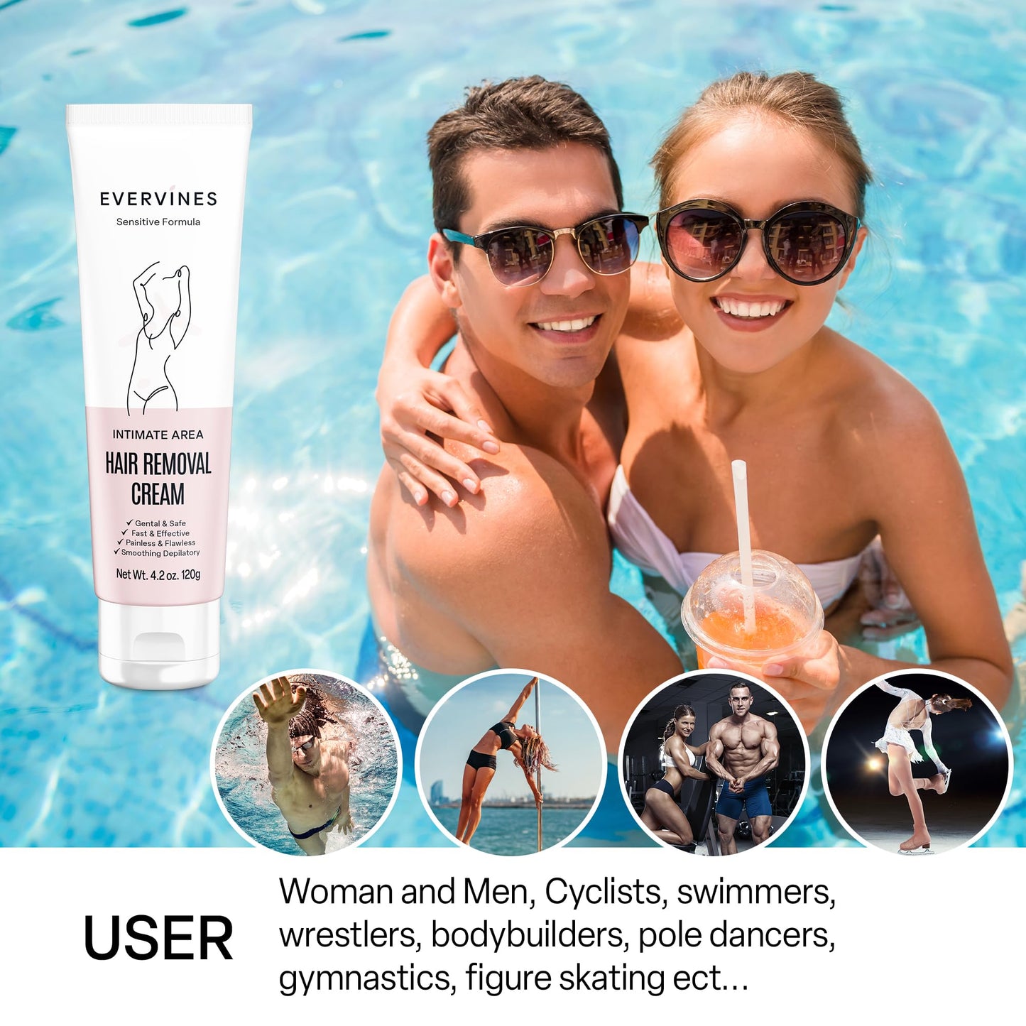 Evervines hair removal cream for women: whole body intimate bikini line face leg underarm area depilatory - home travel use with scraper (4.2oz).