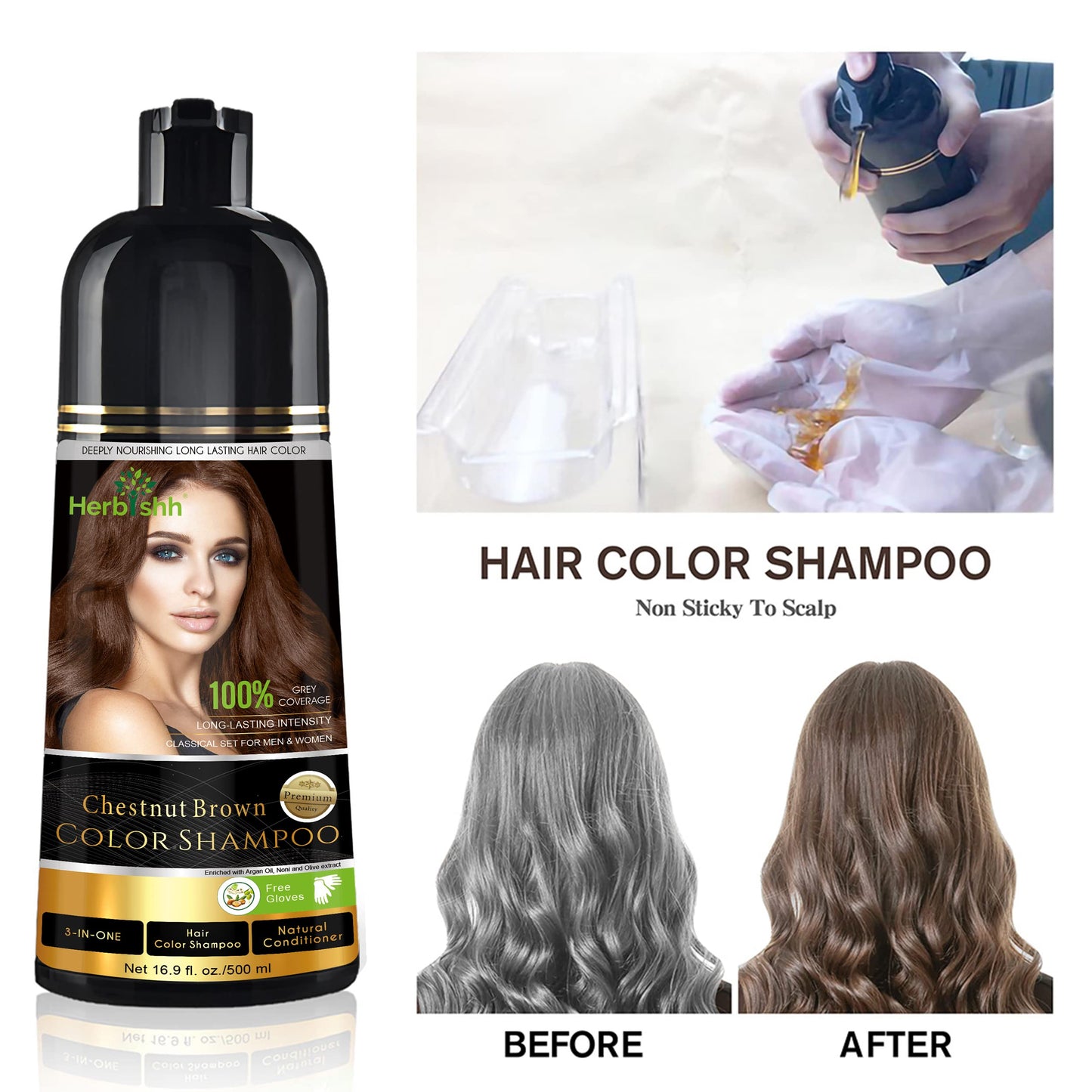 Hair Color Shampoo for Gray Hair – Magic Hair Dye Shampoo – Colors Hair in Minutes–Long Lasting–500 Ml–3-In-1 Hair Color–Ammonia-Free | Herbishh (Chestnut Brown)