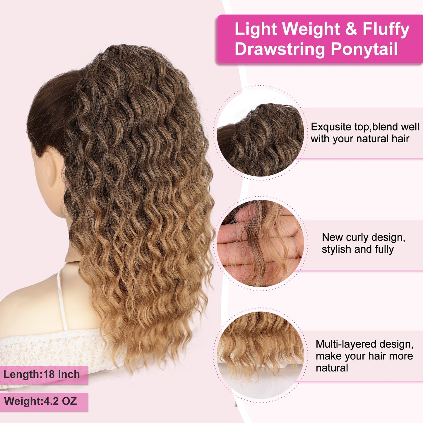 AISI BEAUTY Curly Ponytail Extension Drawstring Ponytail for Women 18 Inch Fake Ponytail Synthetic Clip in Pony Tails Hair Extensions