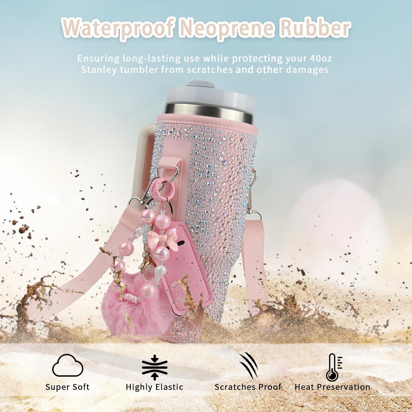 Water Bottle Carrier Bag for Stanley 40oz Tumbler - Stanley Cup Belt Bag with Adjustable Strap, Straw Cover & Pompom Keychains - Thanksgiving Day and Christmas Day Gifts (Pink Diamond)