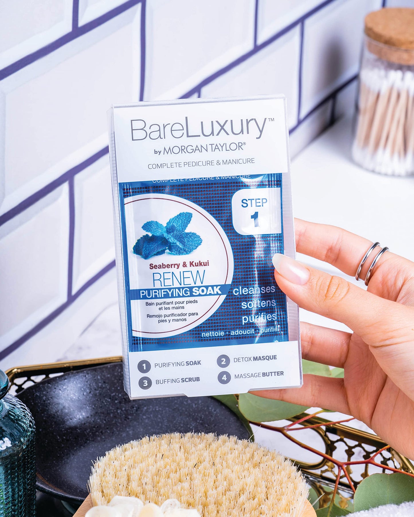 Morgan Taylor BareLuxury 4-Step Complete Pedicure & Manicure Packs (Renew Seaberry & Kukui) - Complete Nail Care Kit with Soak, Masque, Scrub & Massage Butter, Professional Spa-Quality Treatments.