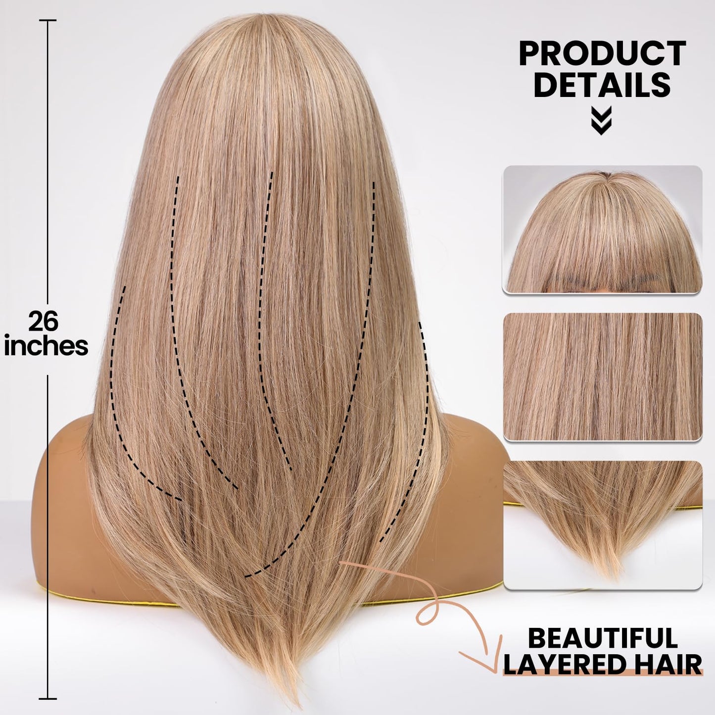 EMMOR Brown Wig With Bangs For Women Long Straight Wigs Synthetic Layered Hairstyle For Girls Party Cosplay And Daily Use(26" Ash Blonde)