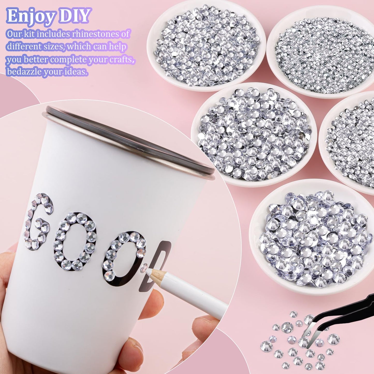 16000Pcs Resin Rhinestones with Tweezers for Crafting, Silver Clear 2-6mm Mixed Sizes Flatback Gems, Bedazzling Crystal for DIY Crafts Clothing Tumblers Mugs Shoes Fabric Nail Art
