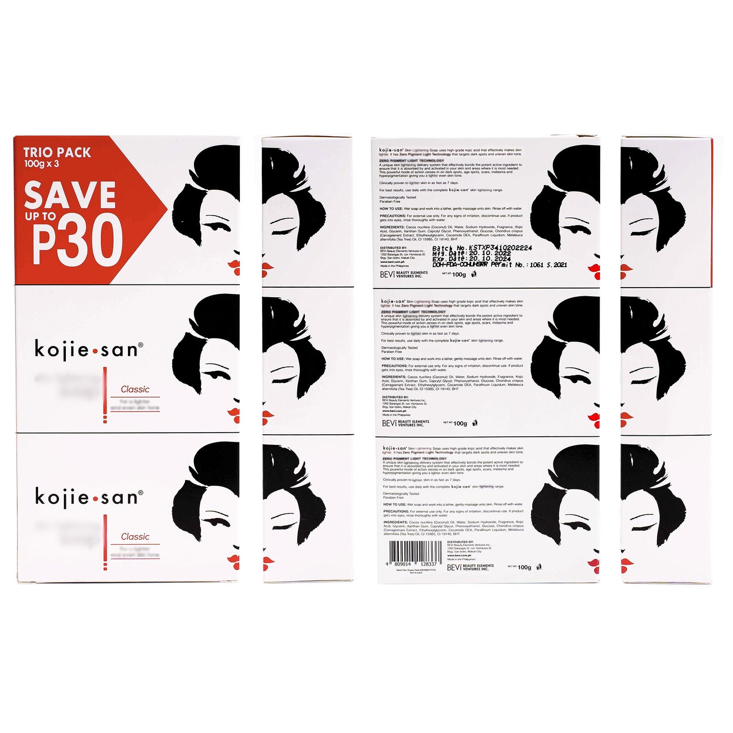 Kojie San Skin Brightening Soap – The Original Kojic Acid Soap that Reduces Visibility of Dark Spots, Hyper-pigmentation, & Other Types of Skin Damages – 100g x 6 Bars