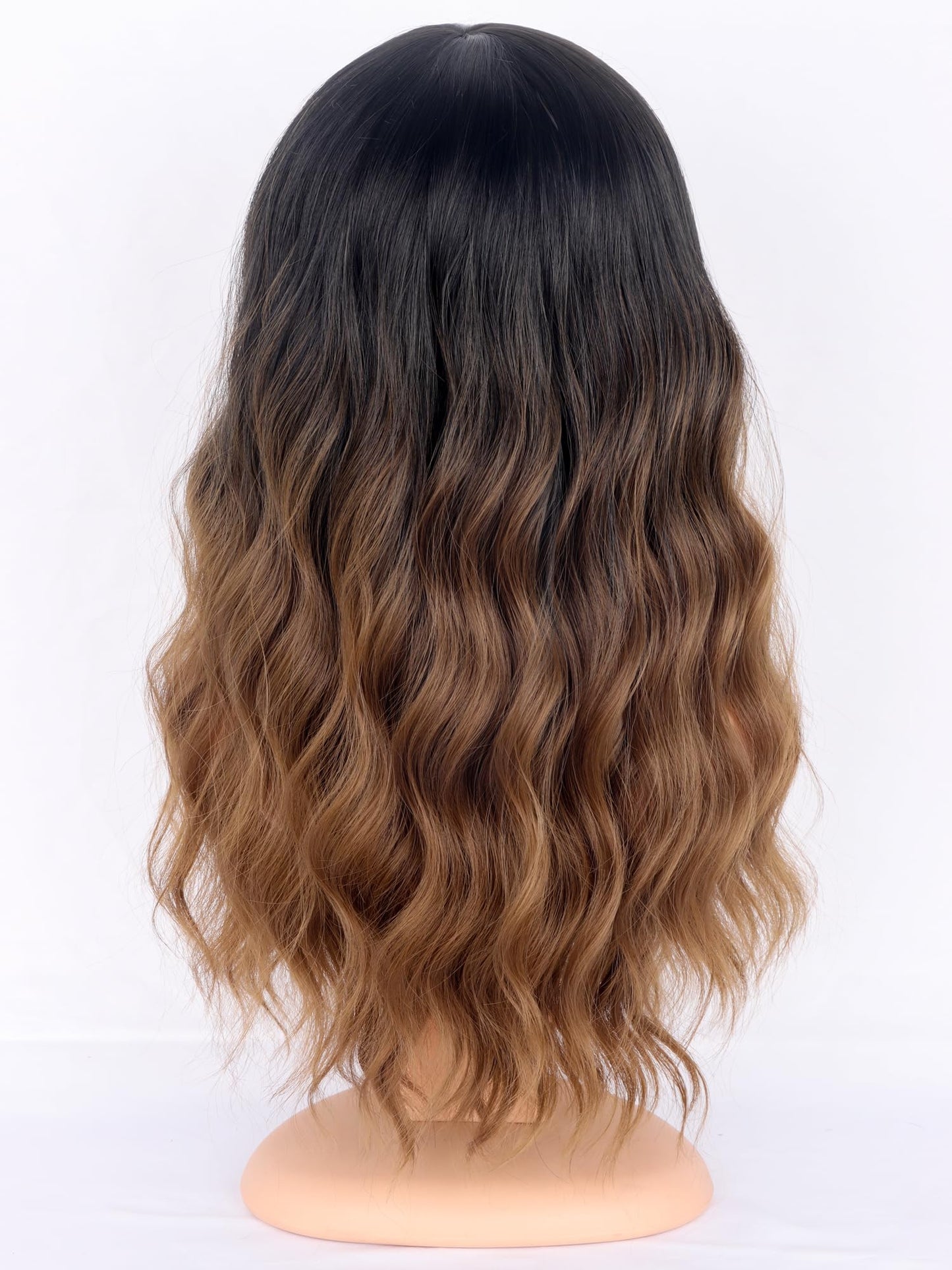 SYMEIW Ombre Brown Wavy Wigs with Bangs for Women Medium Length Brown Synthetic Wigs Natural Wavy Black To Brown Wigs Heat Resistant for Daily Party Use