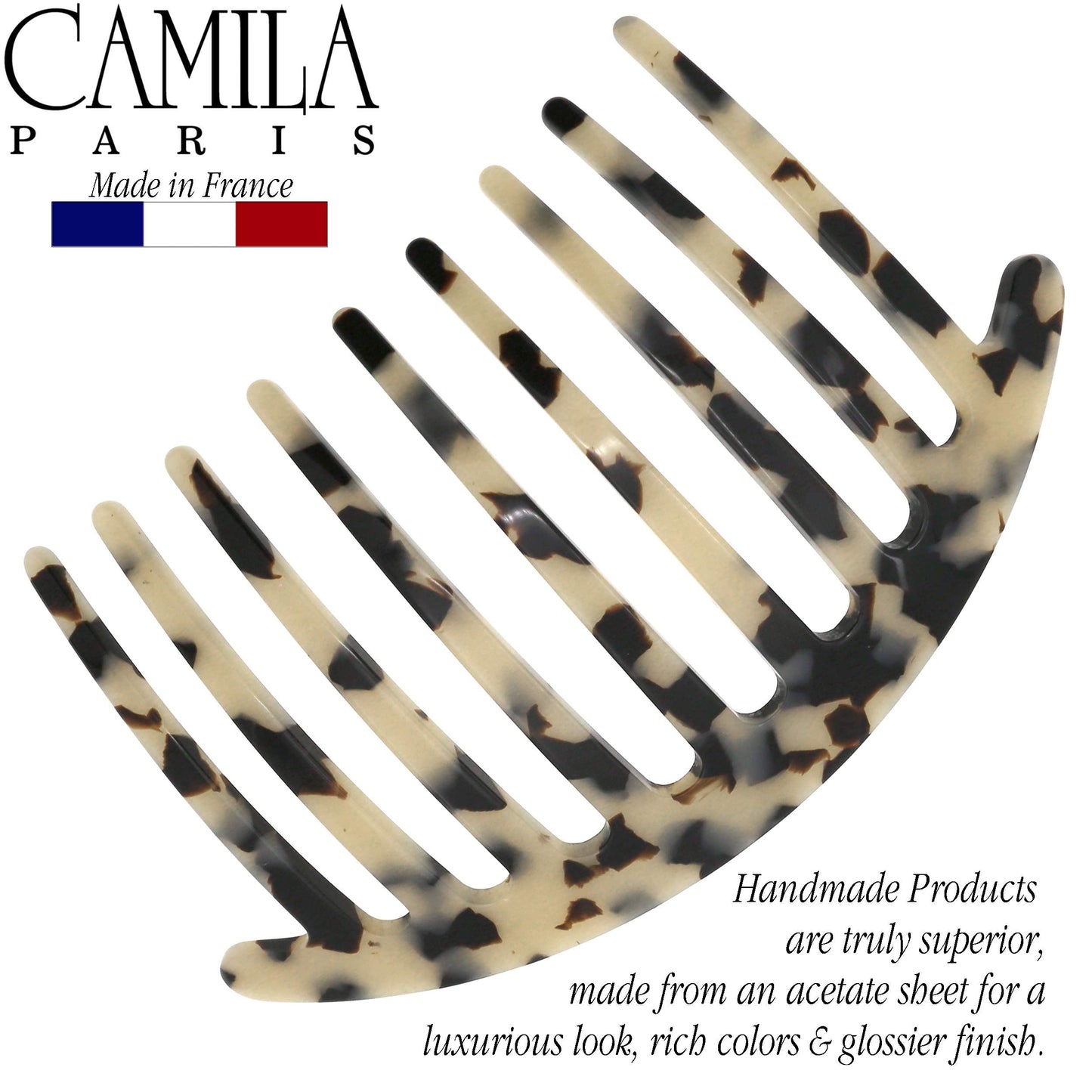 Camila Paris CP3160 French Handmade Side Comb Rounded, White Tokyo, French Twist Hair Combs Decorative, Strong Hold Hair Clips for Women Bun Chignon Up-Do Styling Girls Hair Accessories Made in France