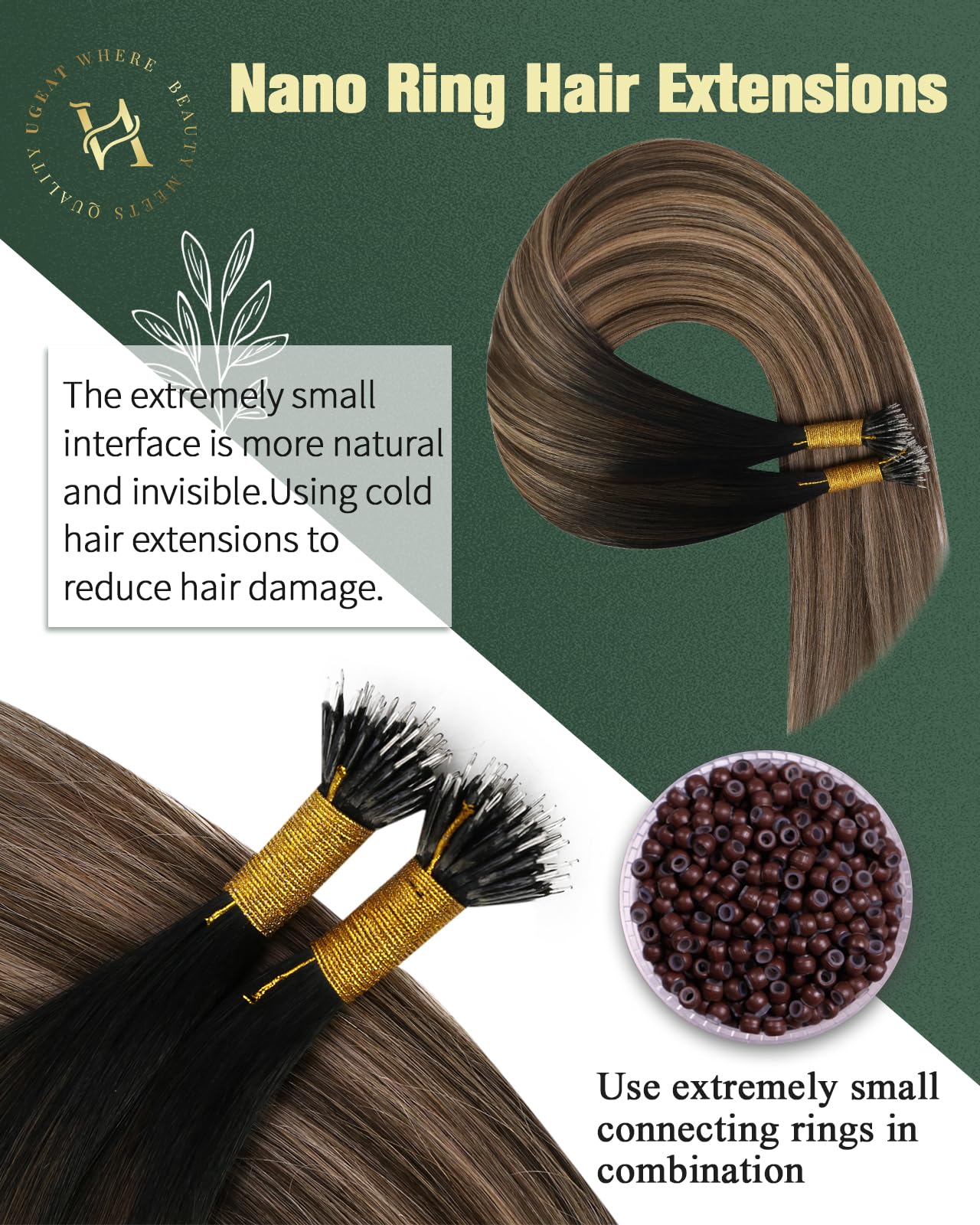 Ugeat Nano Tip Hair Extensions Human Hair Black Balayage Nano Link Hair Extensions Natural Black to Dark Brown Mix Caramel Blonde Balayage Nano Bead Hair Extensions for Women 14inch 50G 50S