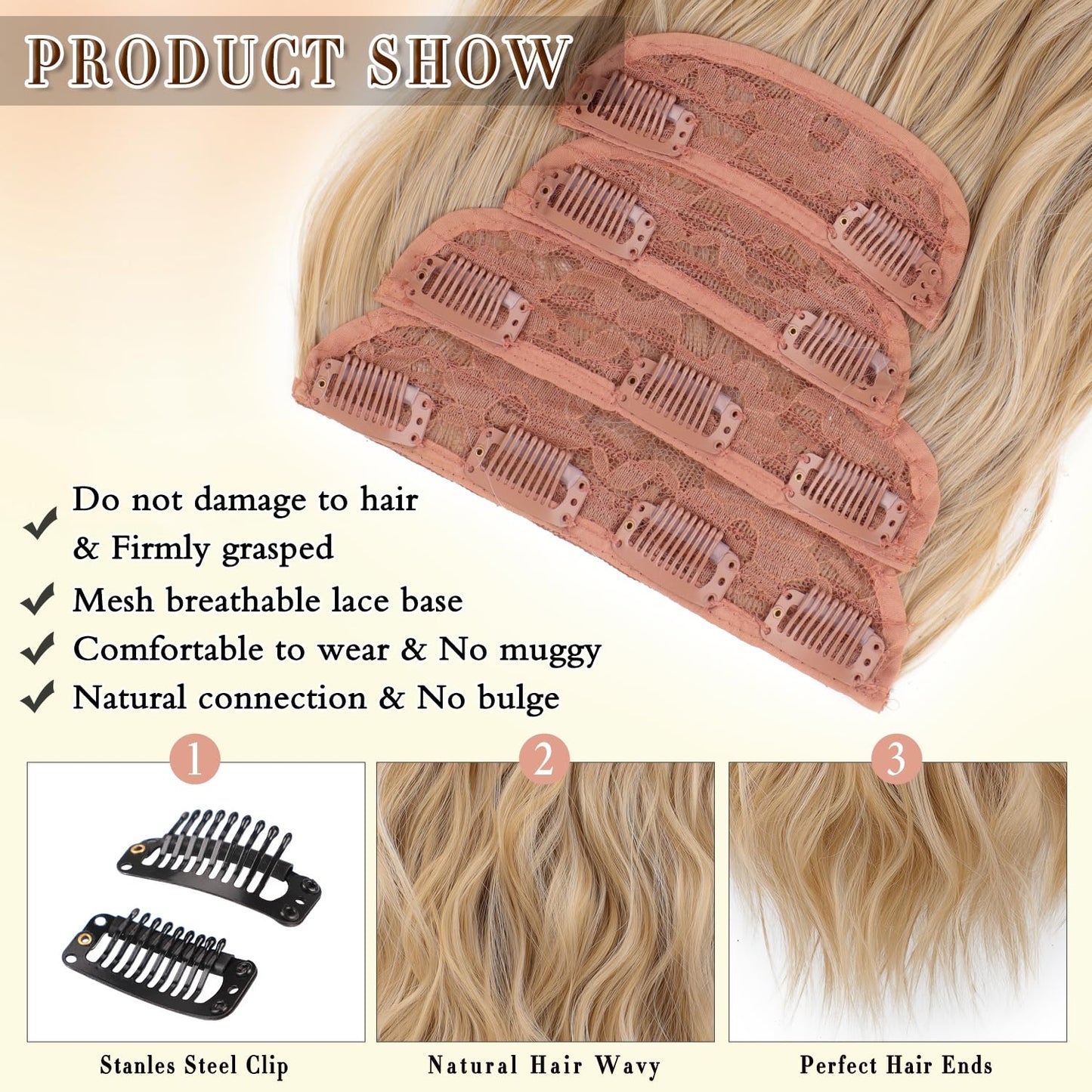 FREEMEIGE Clip in Hair Extensions for Women,Blonde Extensions Clip in Synthetic Hair Extensions Long Wavy 4PCS Thick Hairpieces Fiber Double Weft Natural Hair Extensions 20 Inch for Women