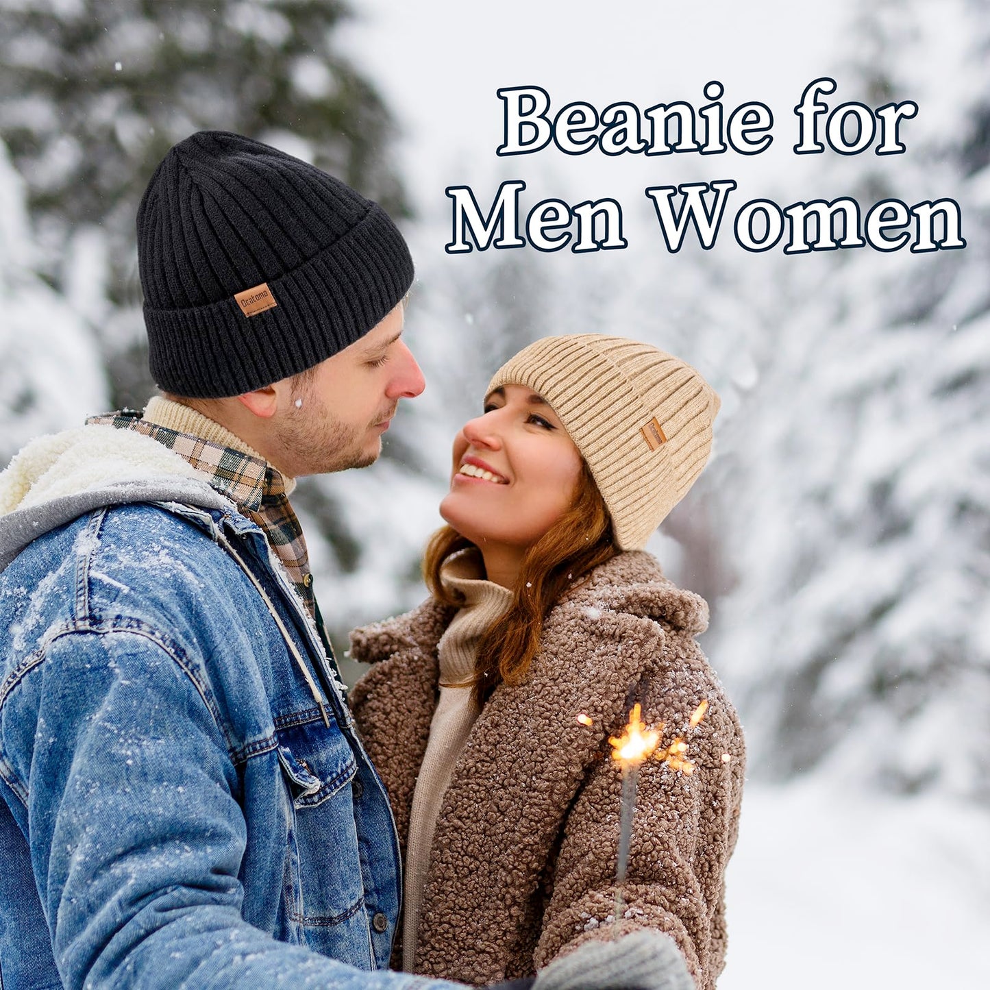 Ocatoma Beanie for Men Women Winter Knitted Cuffed Hat with Warm Lining Soft Ski Hat Unisex Gifts for Men Women Black