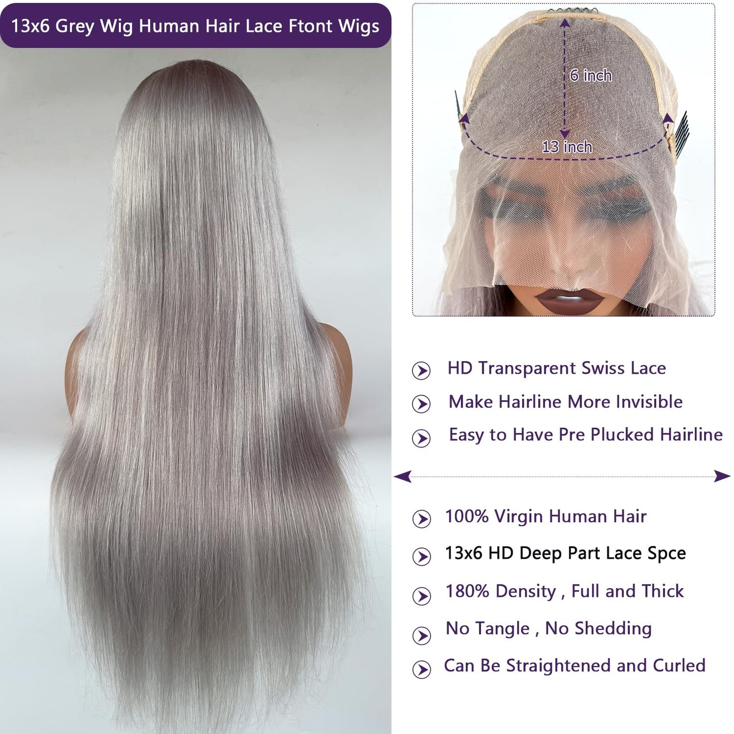 Grey Lace Front Wigs Human Hair 22 Inch 13x6 Grey Wig Human Hair Pre Plucked Glueless HD Lace Front Grey Wigs for Black Women 180% Density Colored Silver Grey Straight Human Hair Lace Front Wigs